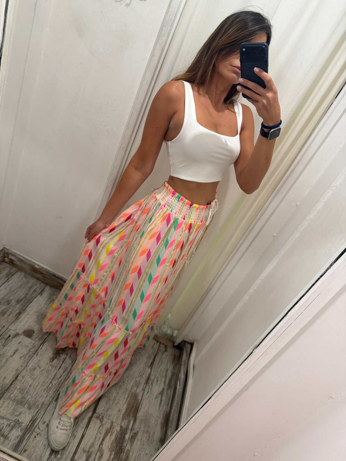 GONNA LUNGA BIANCA FANTASIA MULTICOLORE FLUO