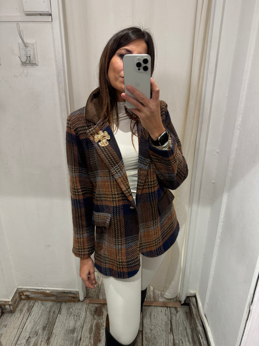 BLAZER OVER PRINCIPE DI GALLES MARRONE BLU E MATTONE