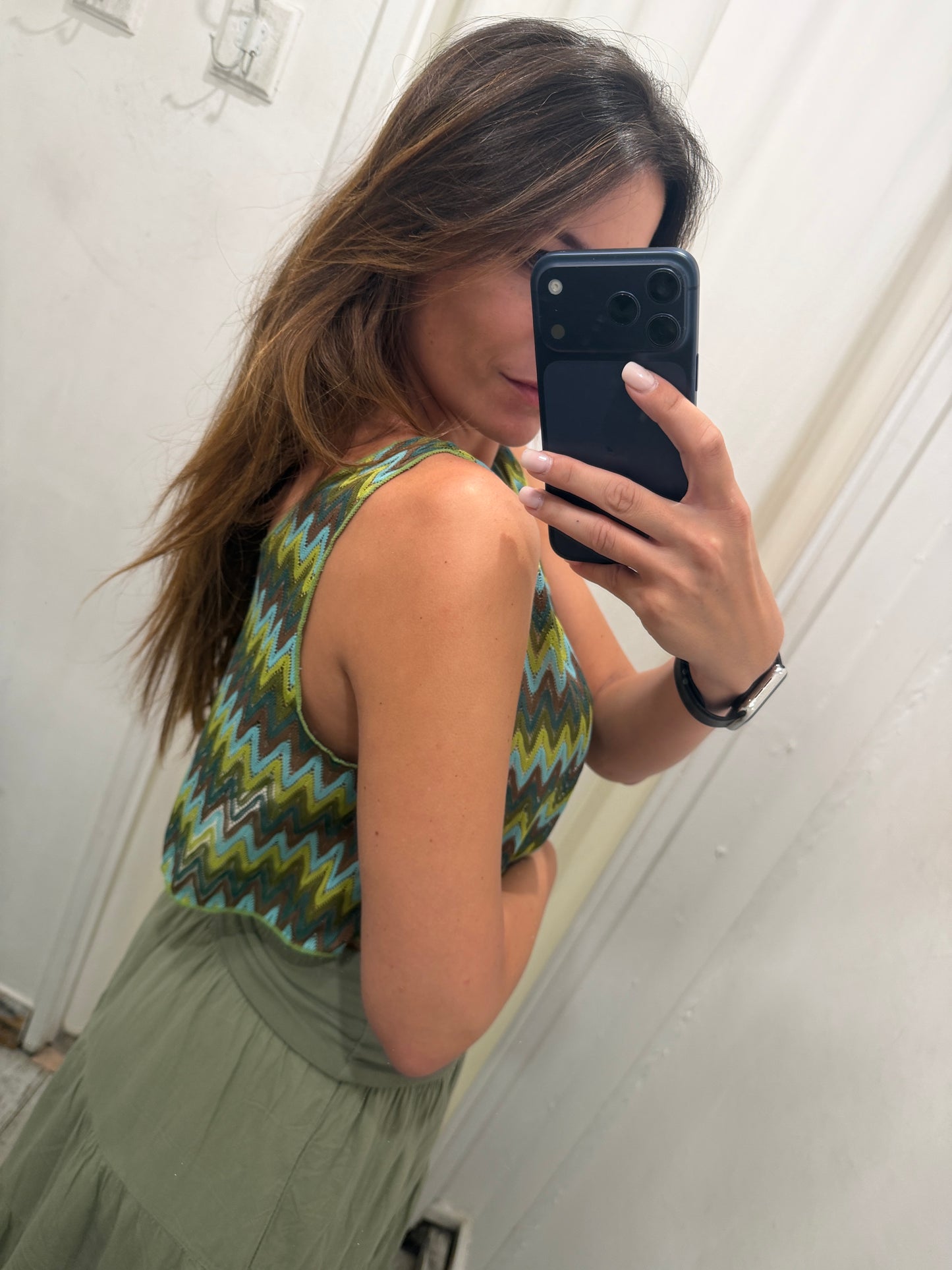 TOP CROP ZIG ZAG VERDE MARRONE E CELESTE