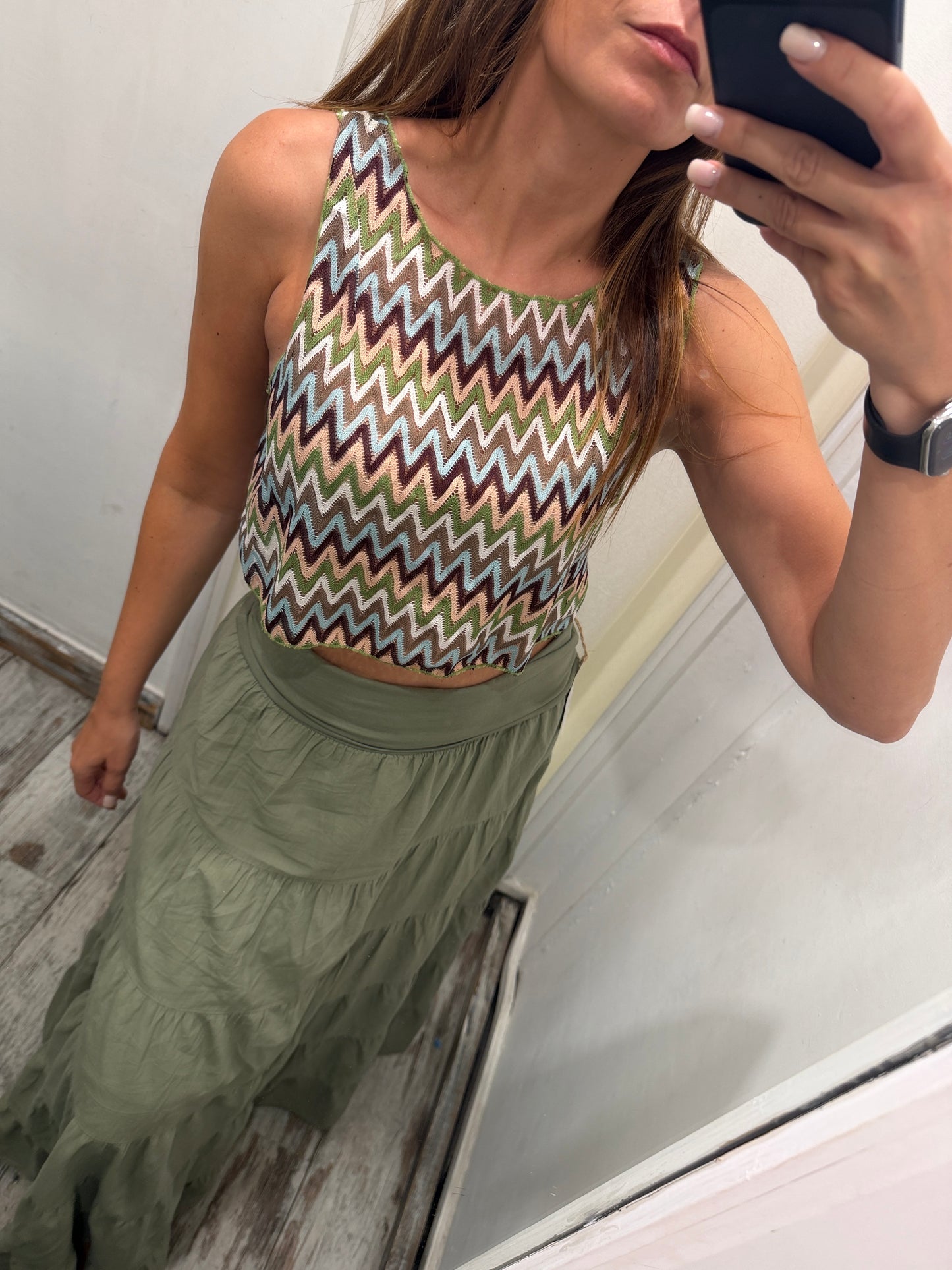 TOP CROP ZIG ZAG VERDE ROSA BORDEAUX E CELESTE