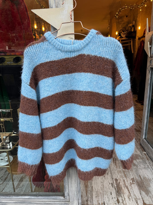 MAGLIA LUNGA A RIGHE CELESTE E MARRONE