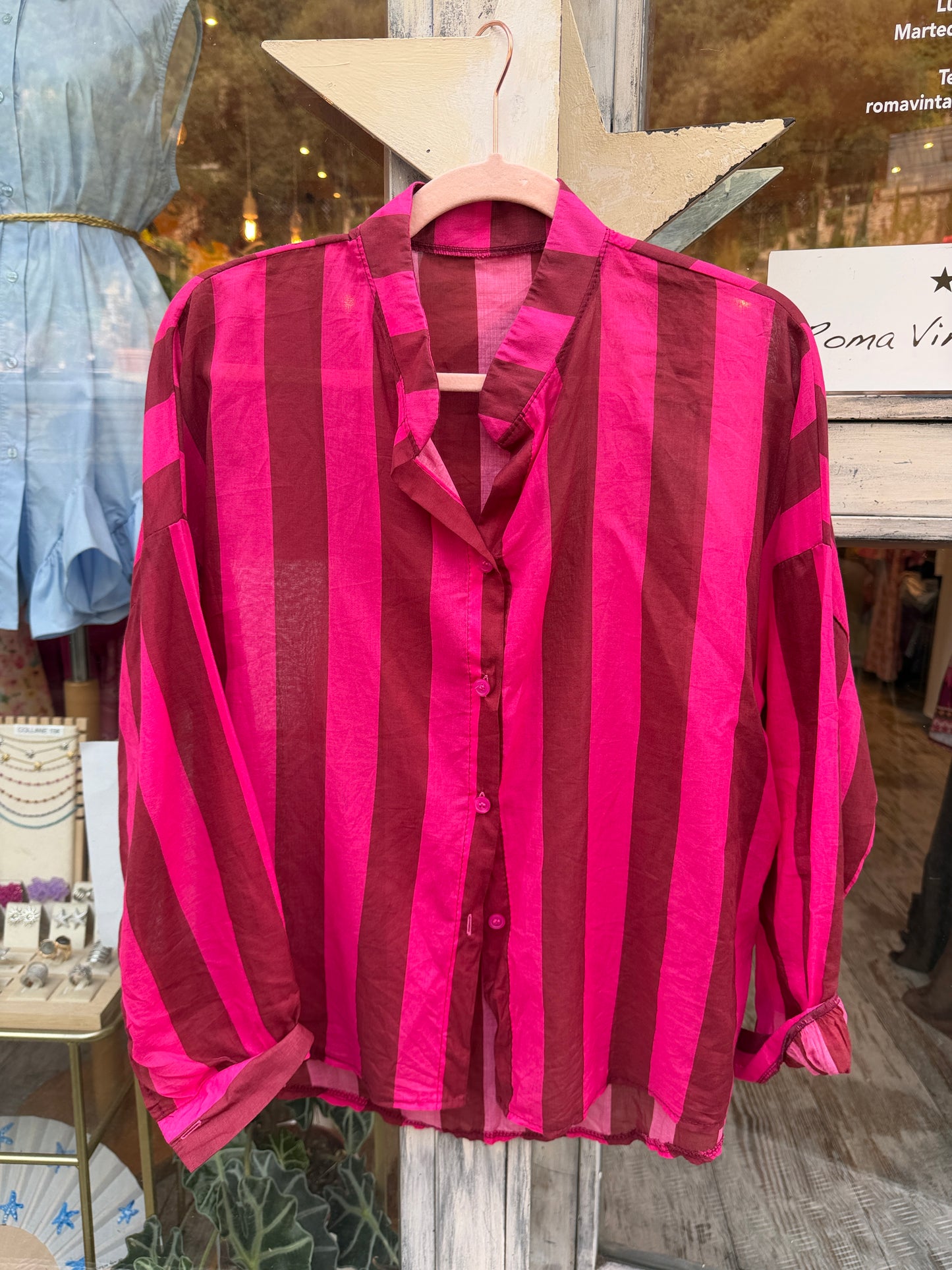 CAMICIA VELATA A RIGHE FUCSIA E BORDEAUX
