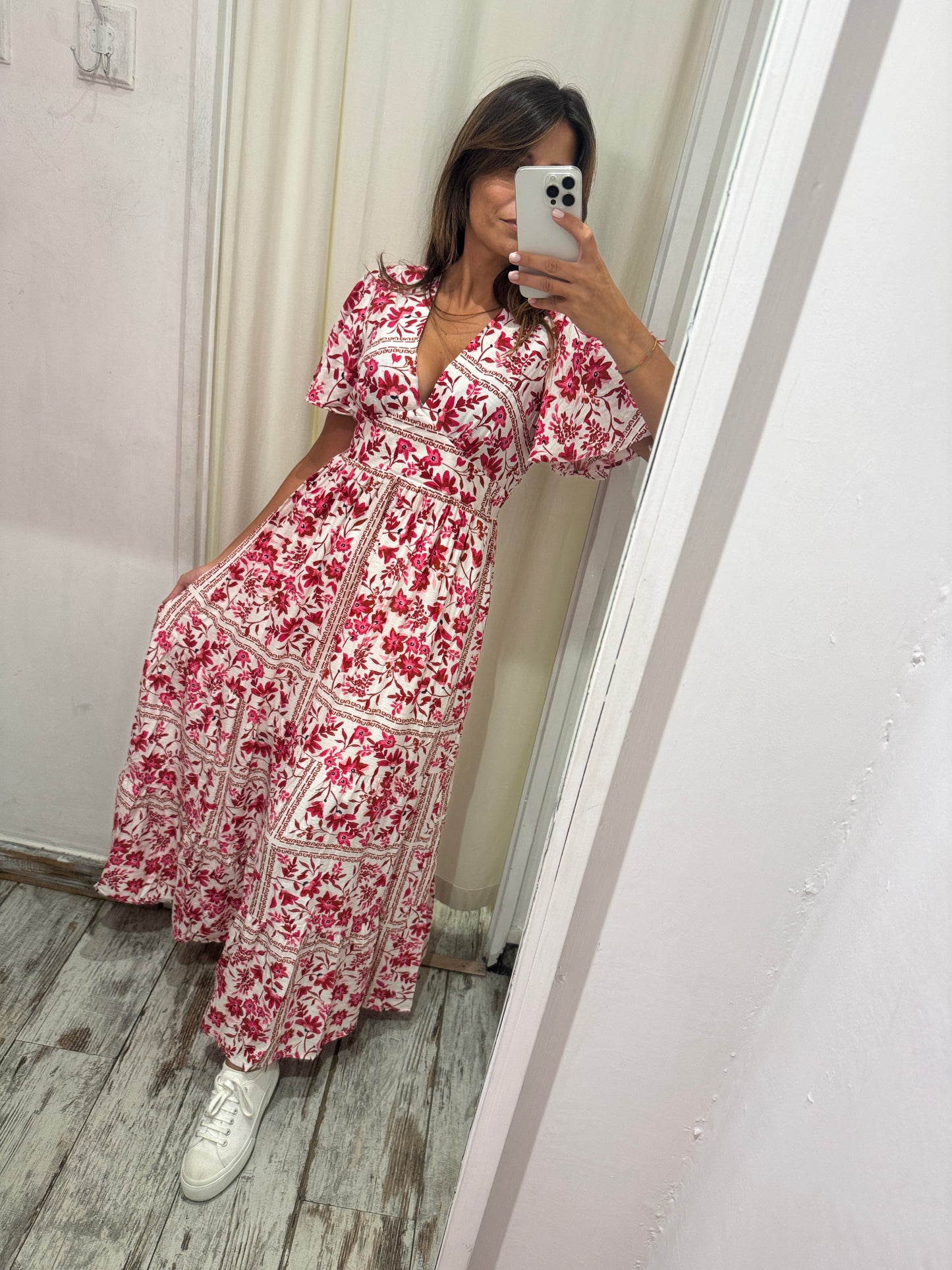 ABITO LUNGO BIANCO FIORI BORDEAUX
