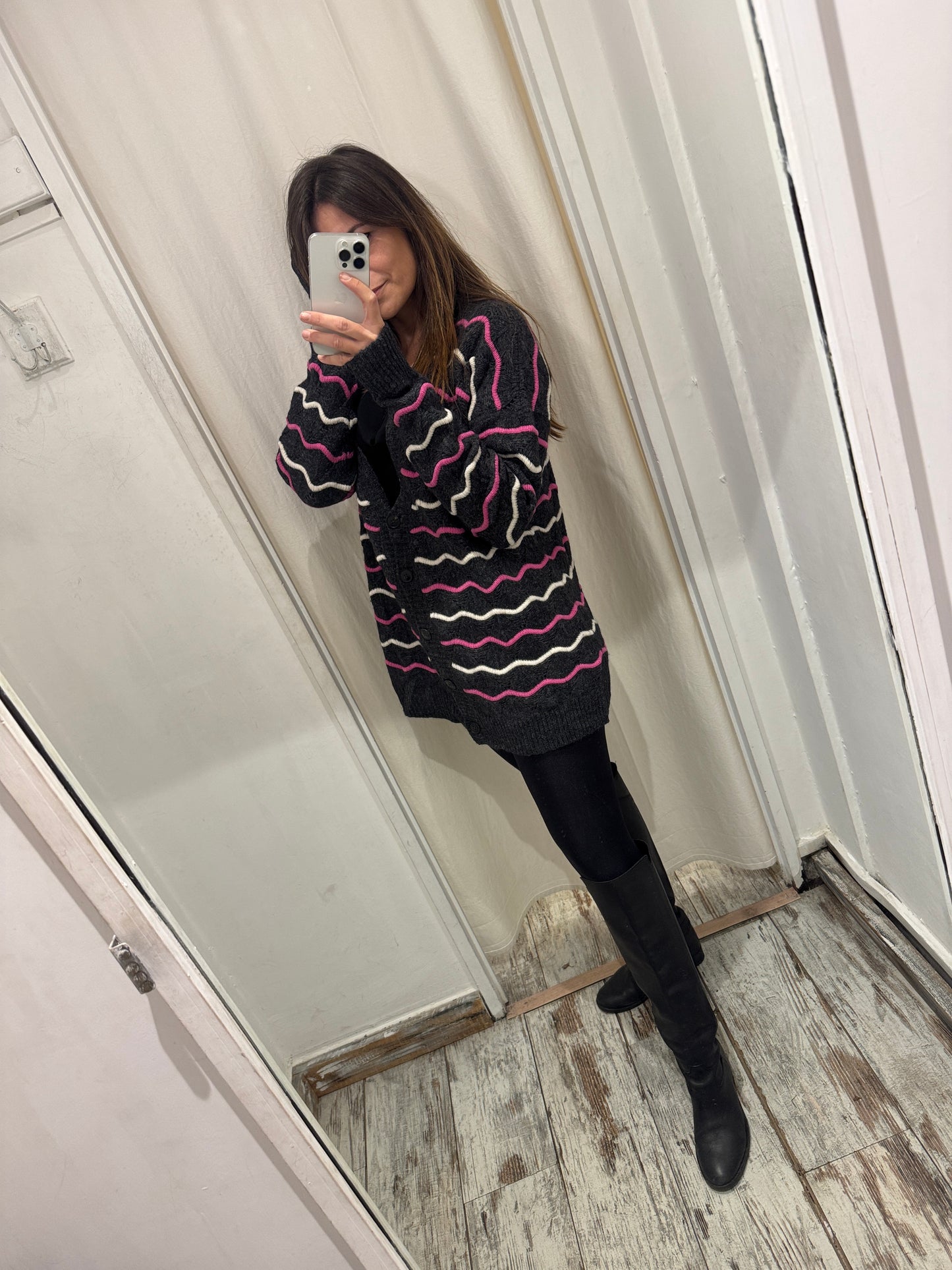 CARDIGAN SUOLI ANTRACITE RIGHE FUCSIA E PANNA