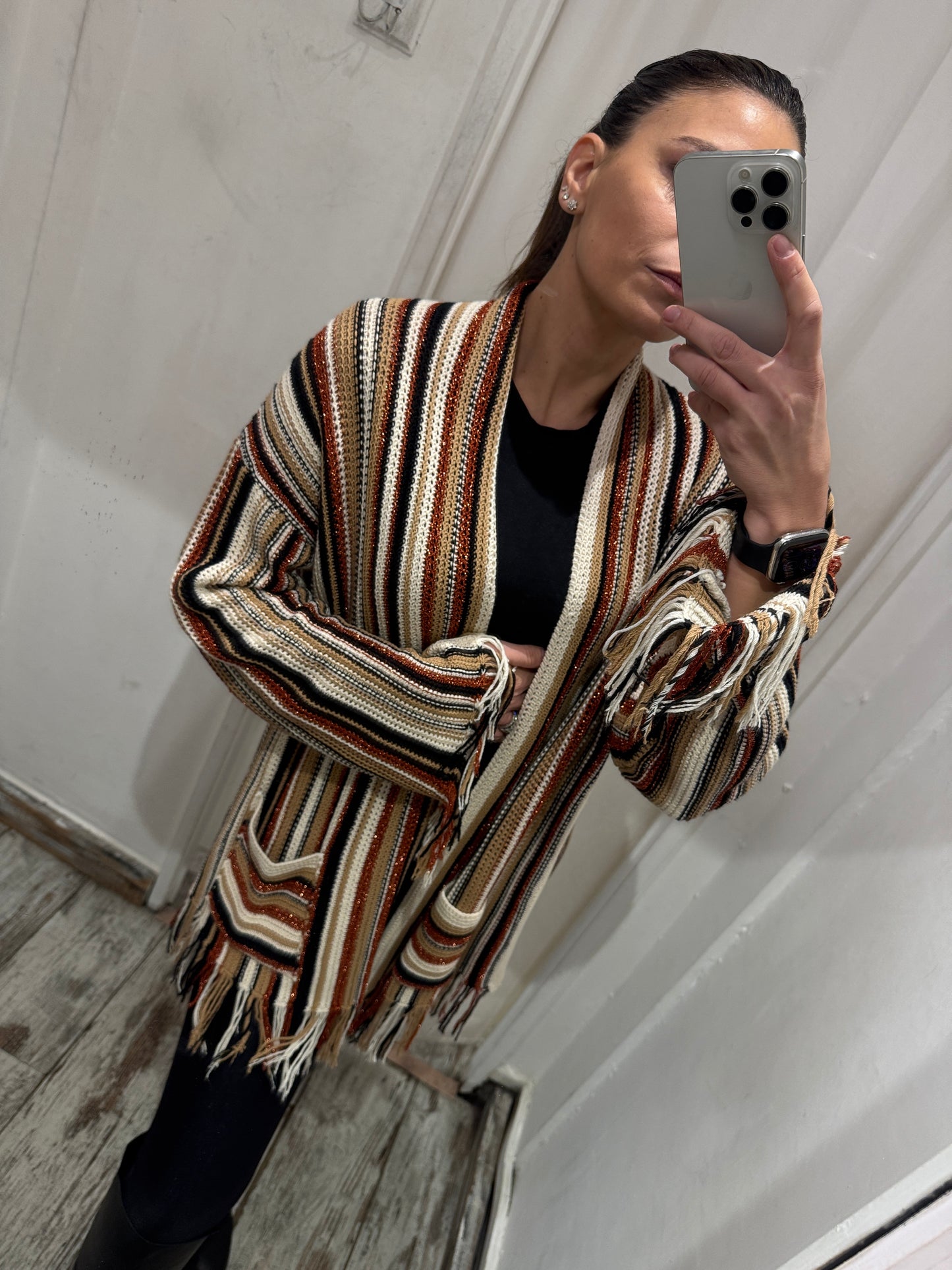 NEW COLLECTION - CARDIGAN KAOS RIGHE PANNA NERO E ARANCIO LUREX