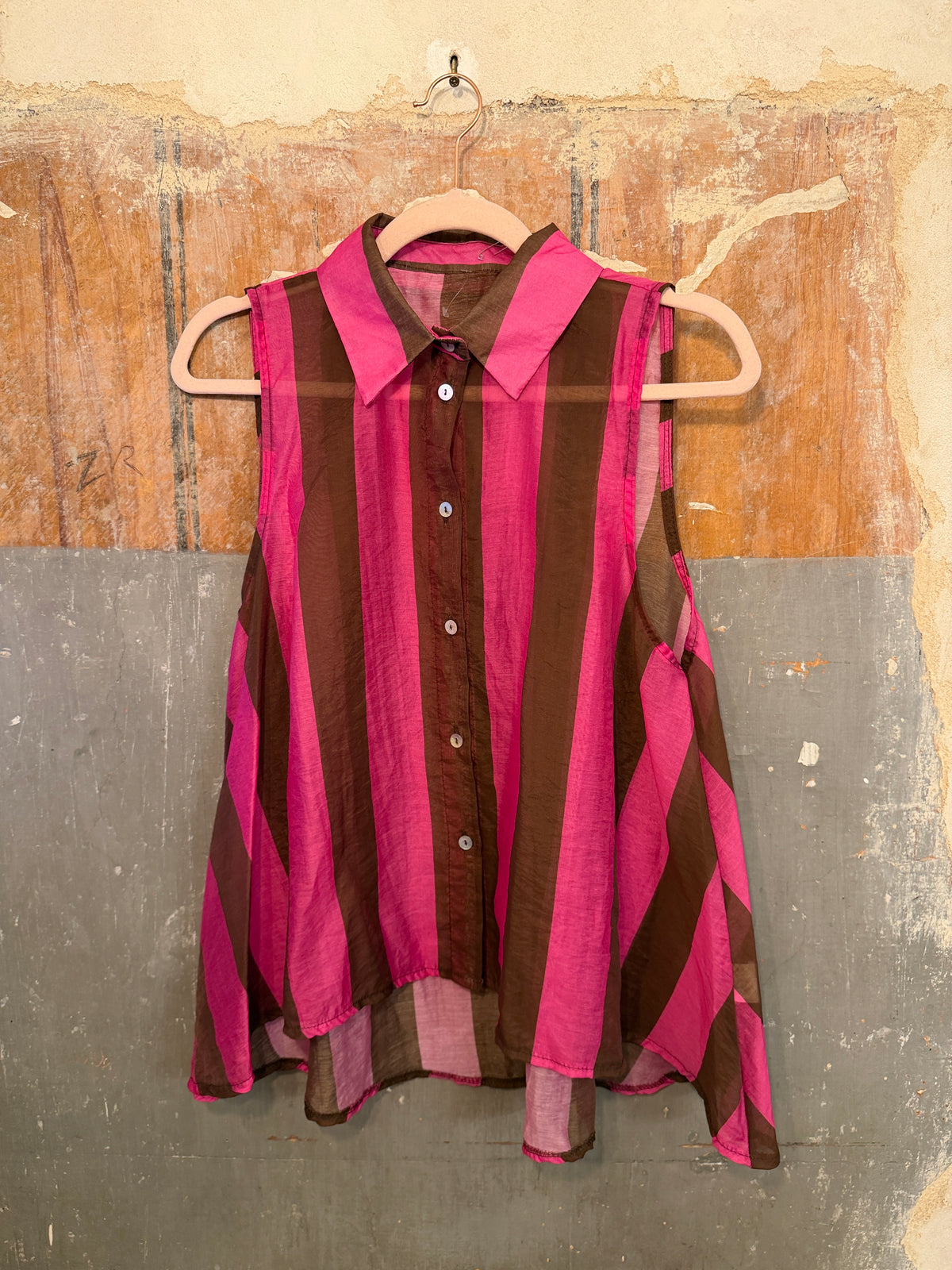 CAMICIA VELATA A RIGHE FUCSIA E MARRONE