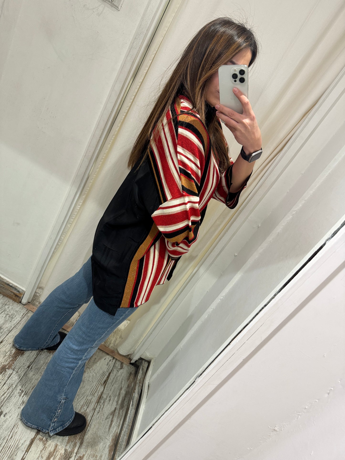 NEW COLLECTION - CARDIGAN KAOS RIGHE ROSSO NERO PANNA E BRONZO