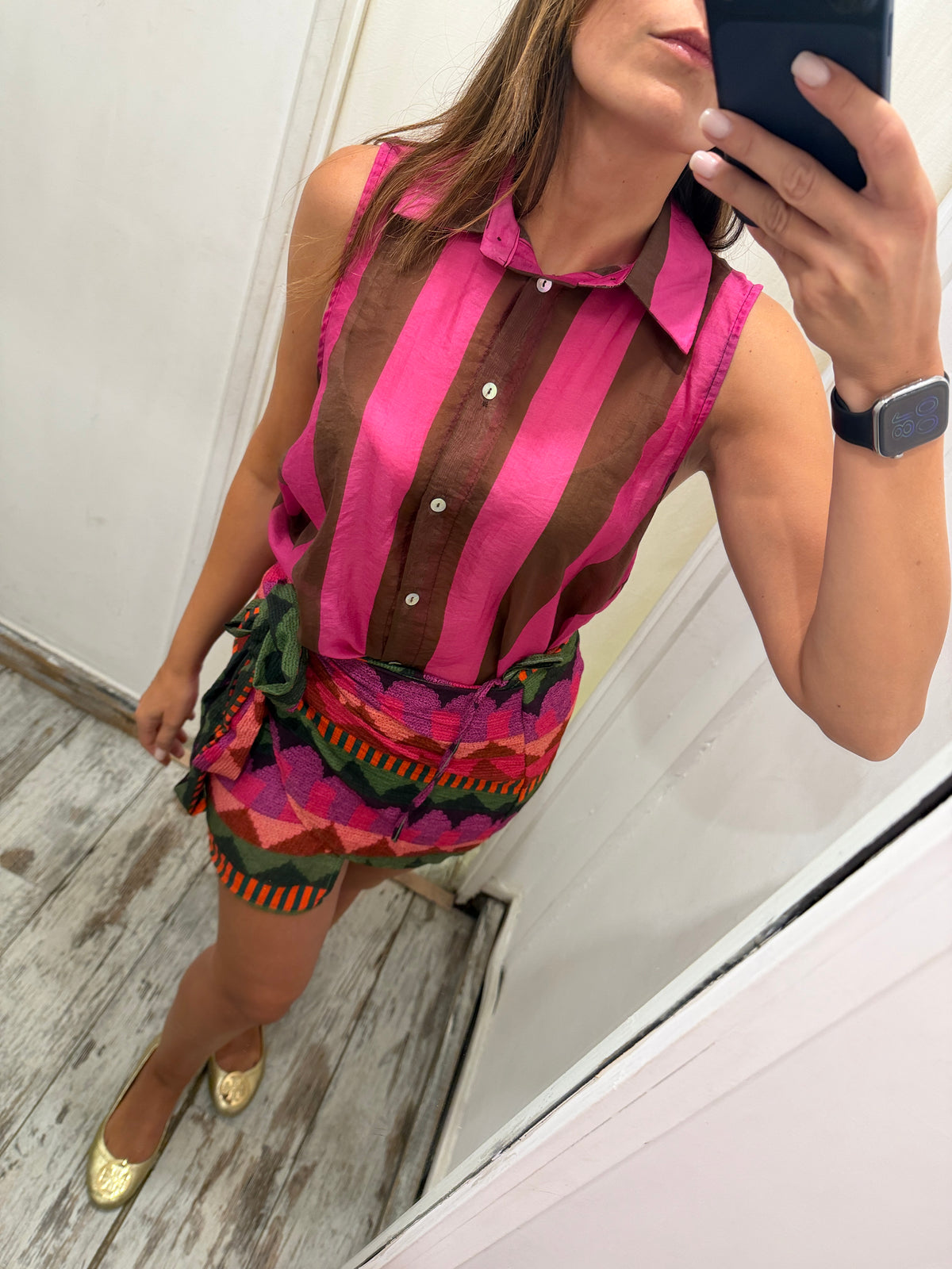 CAMICIA VELATA A RIGHE FUCSIA E MARRONE