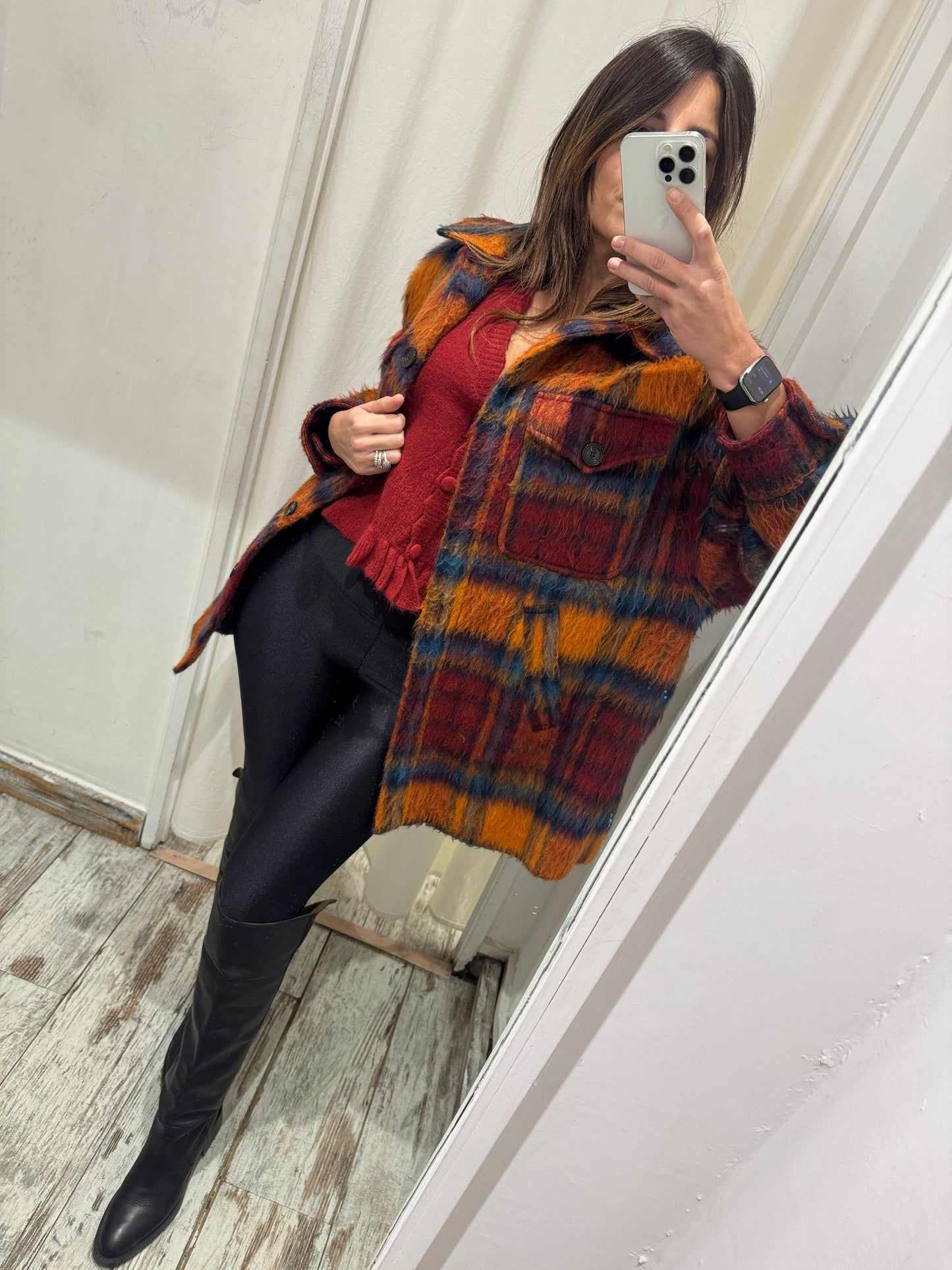 GIACCA CAMICIA ATTIC&BARN CHECK ARANCIO E BORDEAUX