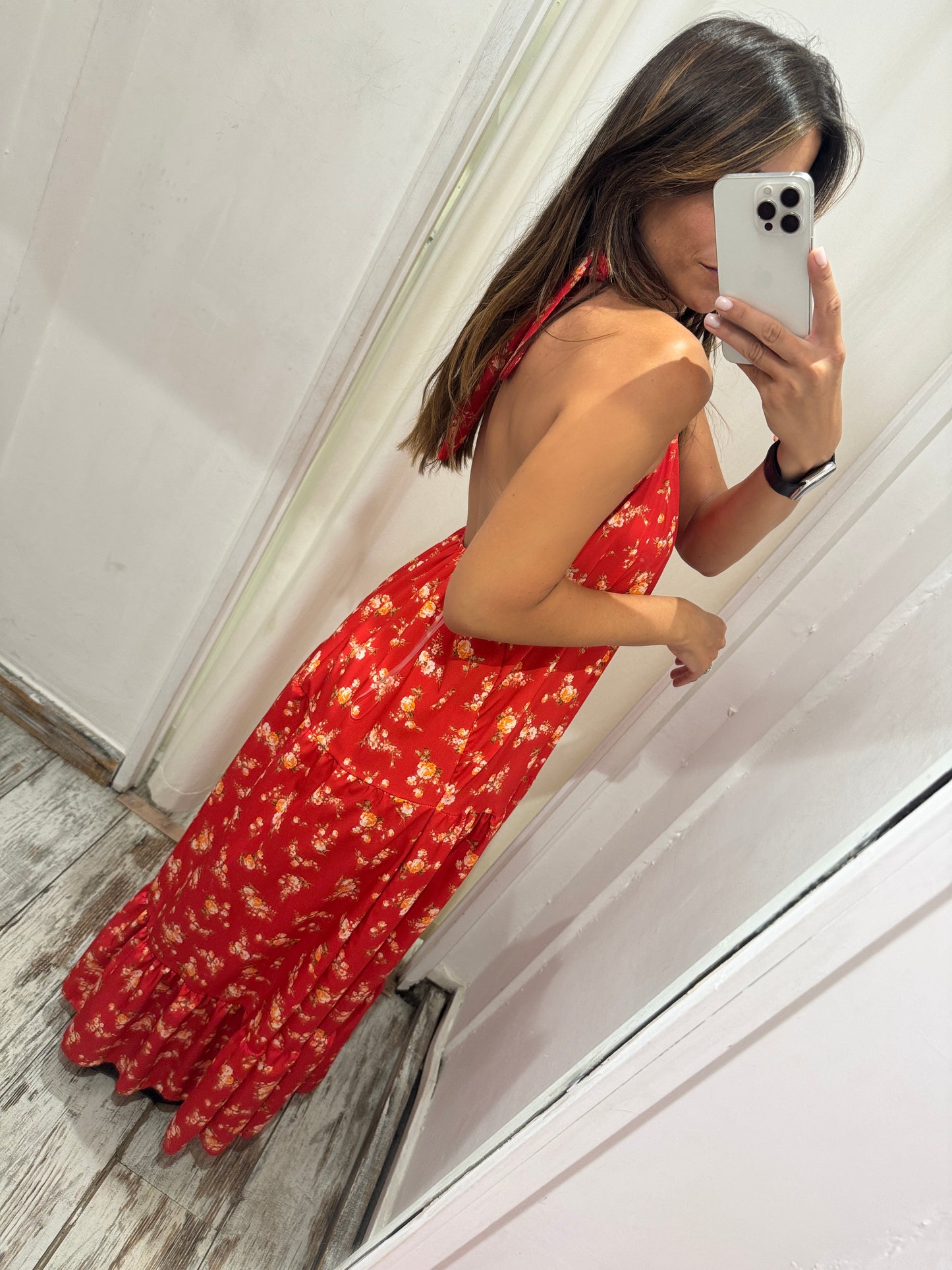 ABITO LUNGO ROSSO FLOREALE HALTER