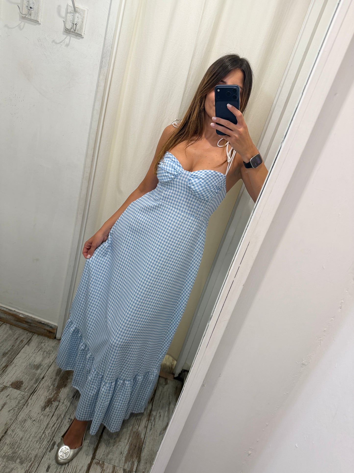 ABITO LUNGO VICHY CELESTE