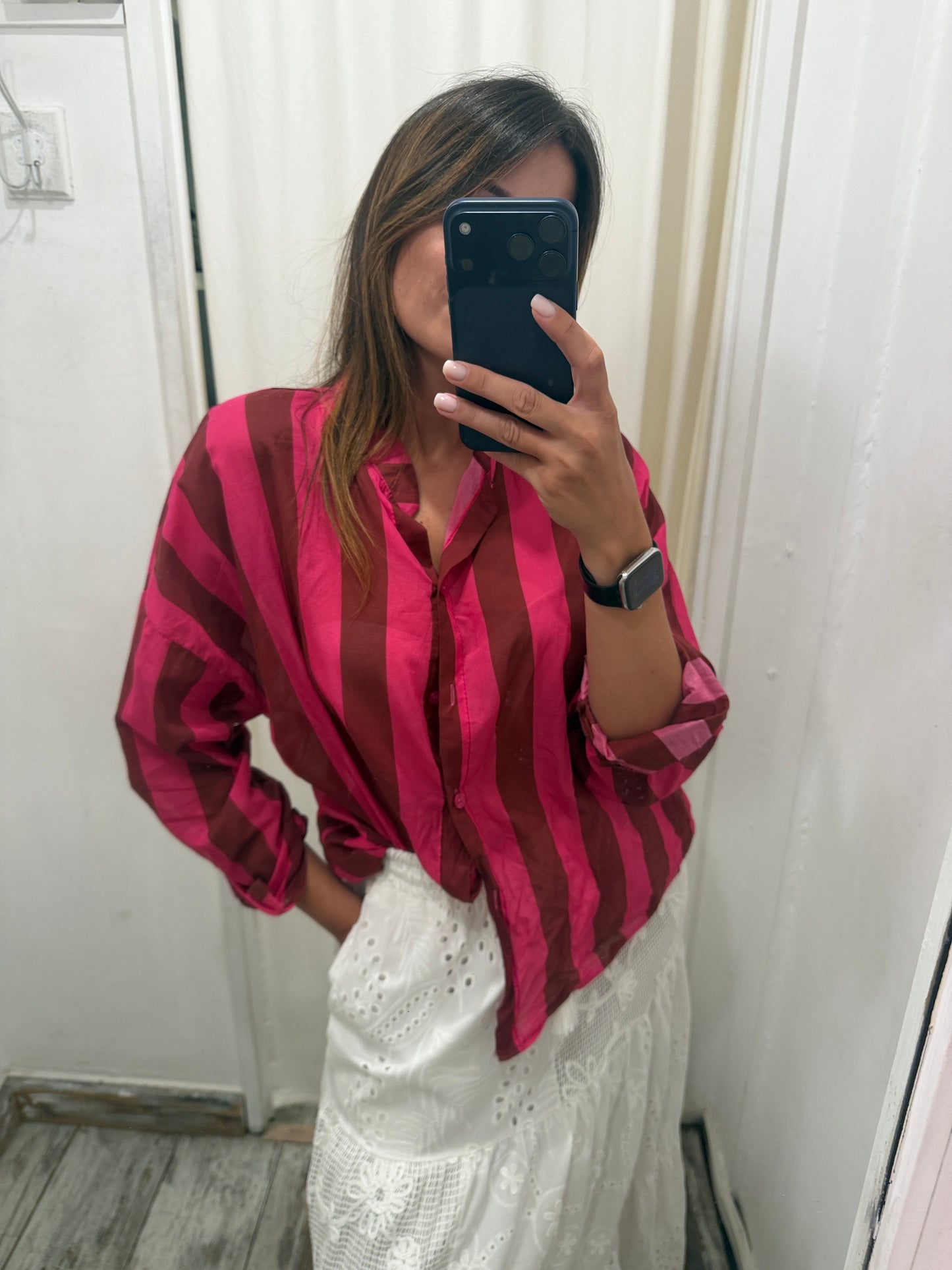 CAMICIA VELATA A RIGHE FUCSIA E BORDEAUX