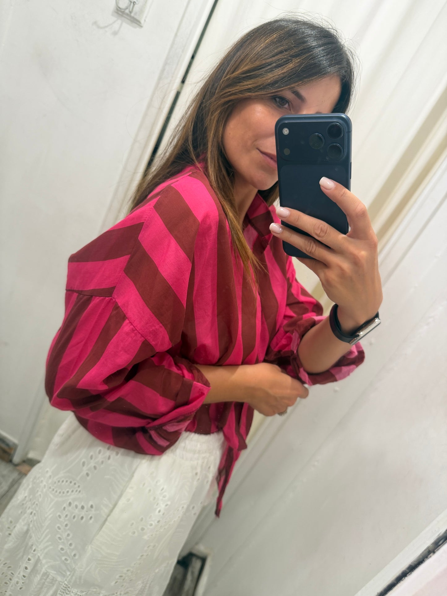 CAMICIA VELATA A RIGHE FUCSIA E BORDEAUX