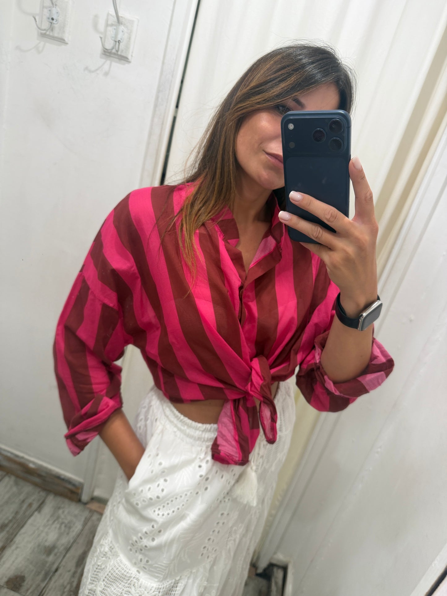 CAMICIA VELATA A RIGHE FUCSIA E BORDEAUX