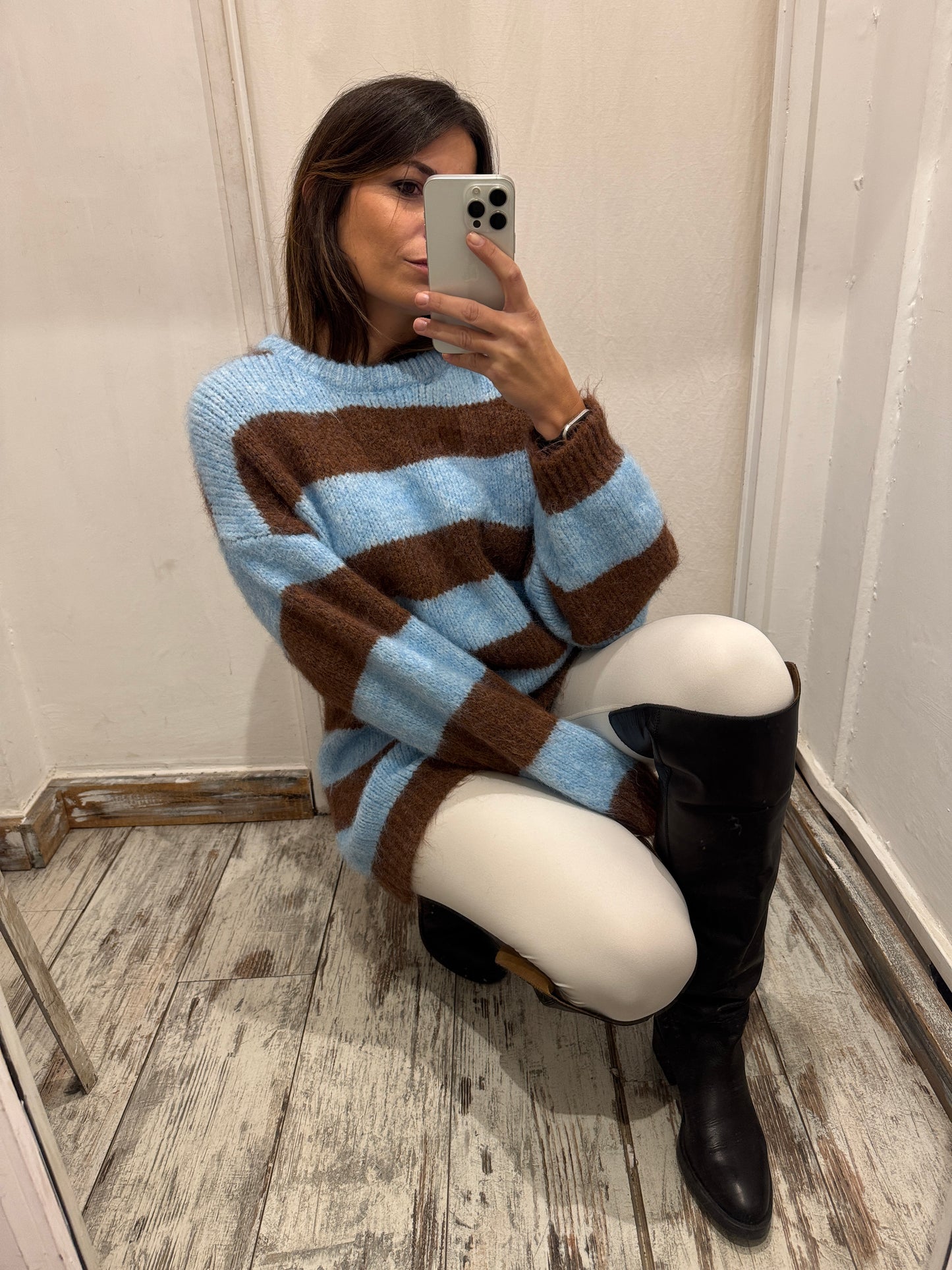 MAGLIA LUNGA A RIGHE CELESTE E MARRONE