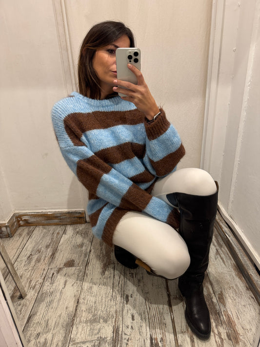 MAGLIA LUNGA A RIGHE CELESTE E MARRONE