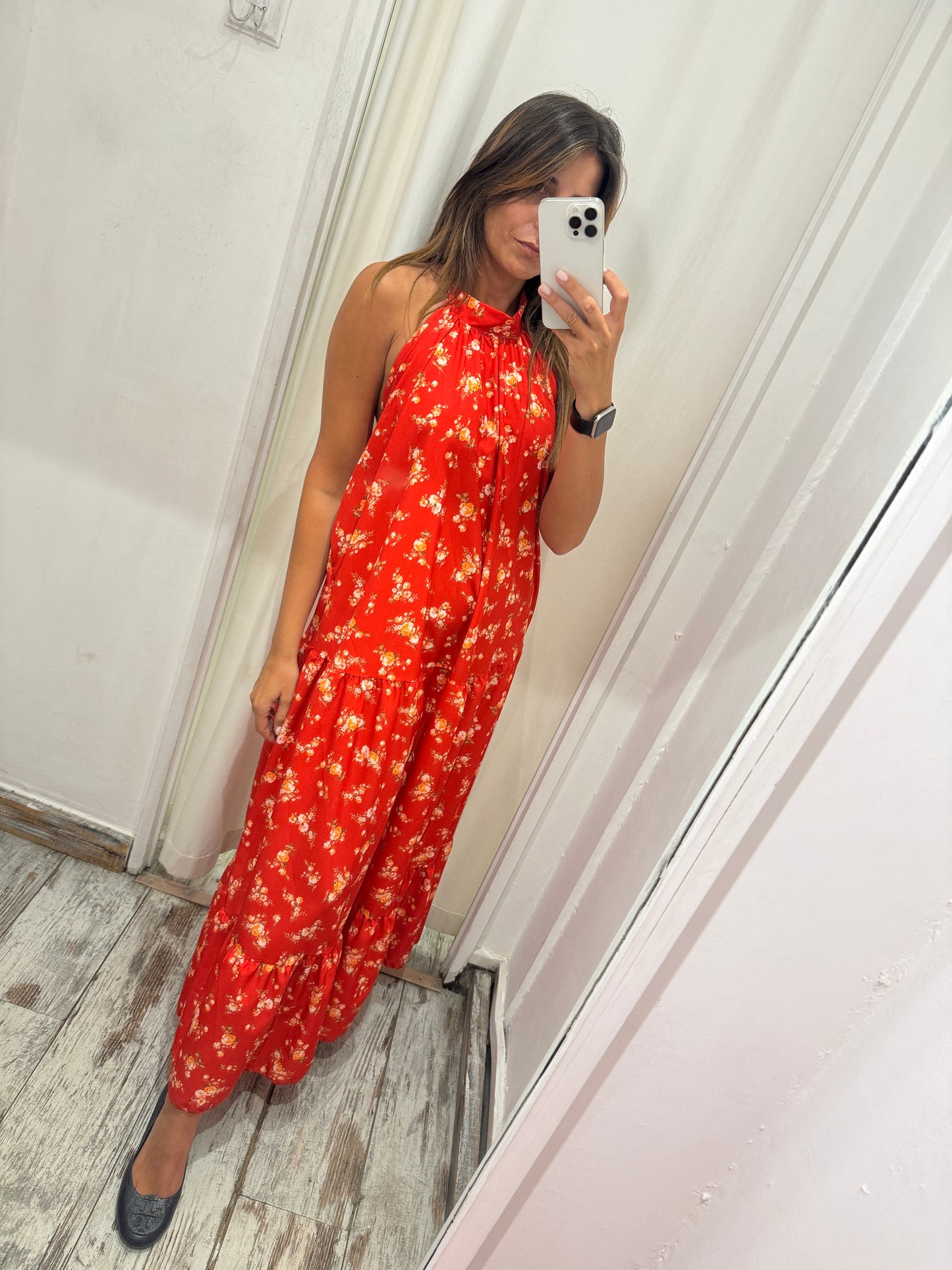 ABITO LUNGO ROSSO FLOREALE HALTER