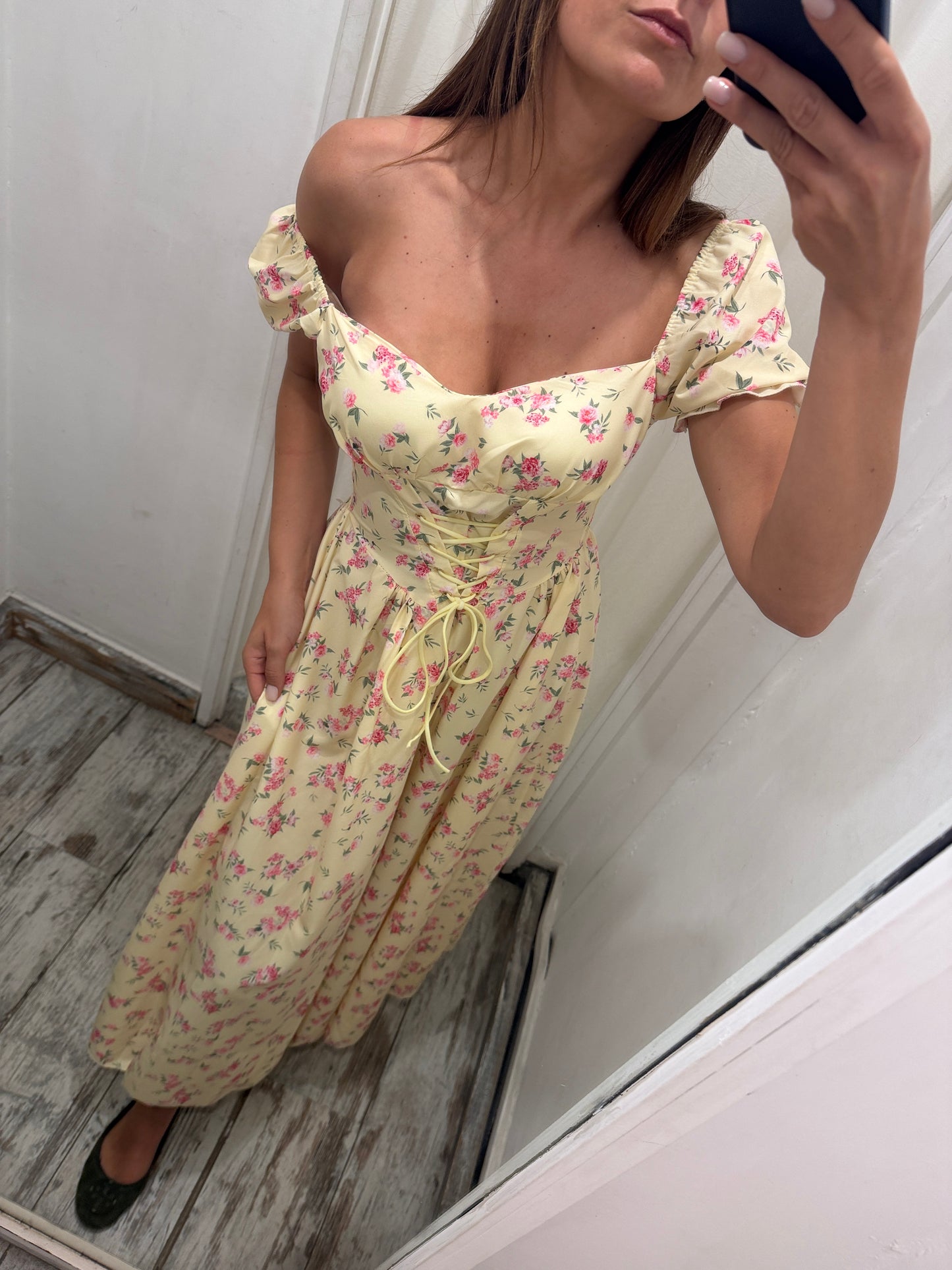 NEW COLLECTION - ABITO MIDÌ GIALLO FIORELLINI ROSA