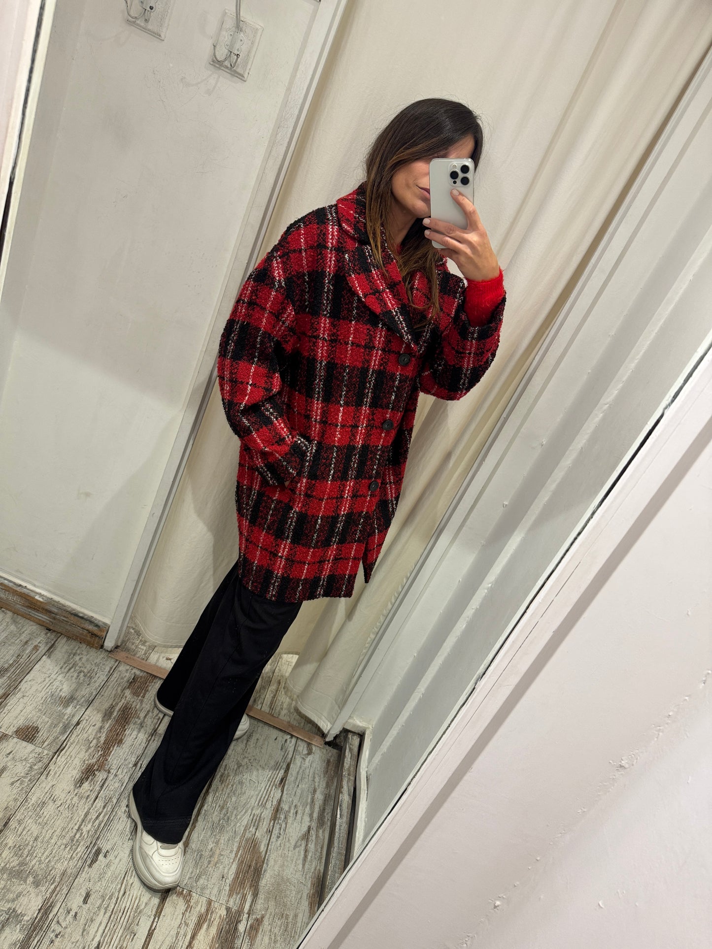 CAPPOTTO GATTINONI BOUCLE QUADRI ROSSO E NERO