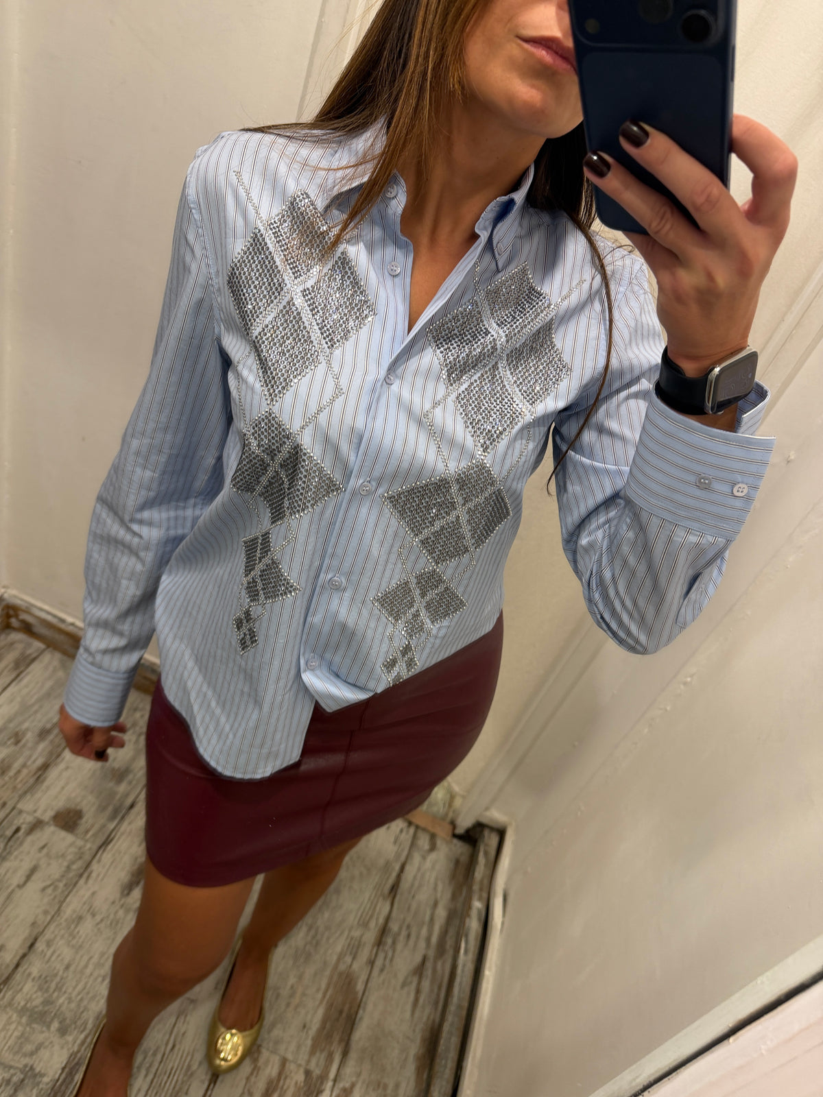 CAMICIA ERMANNO SCERVINO CELESTE RIGHINE CON STRASS
