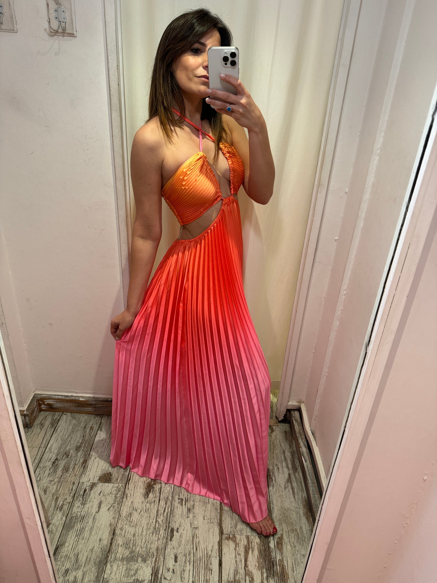 NEW COLLECTION - ABITO SFUMATO ARANCIO E FUCSIA PLISSÈ