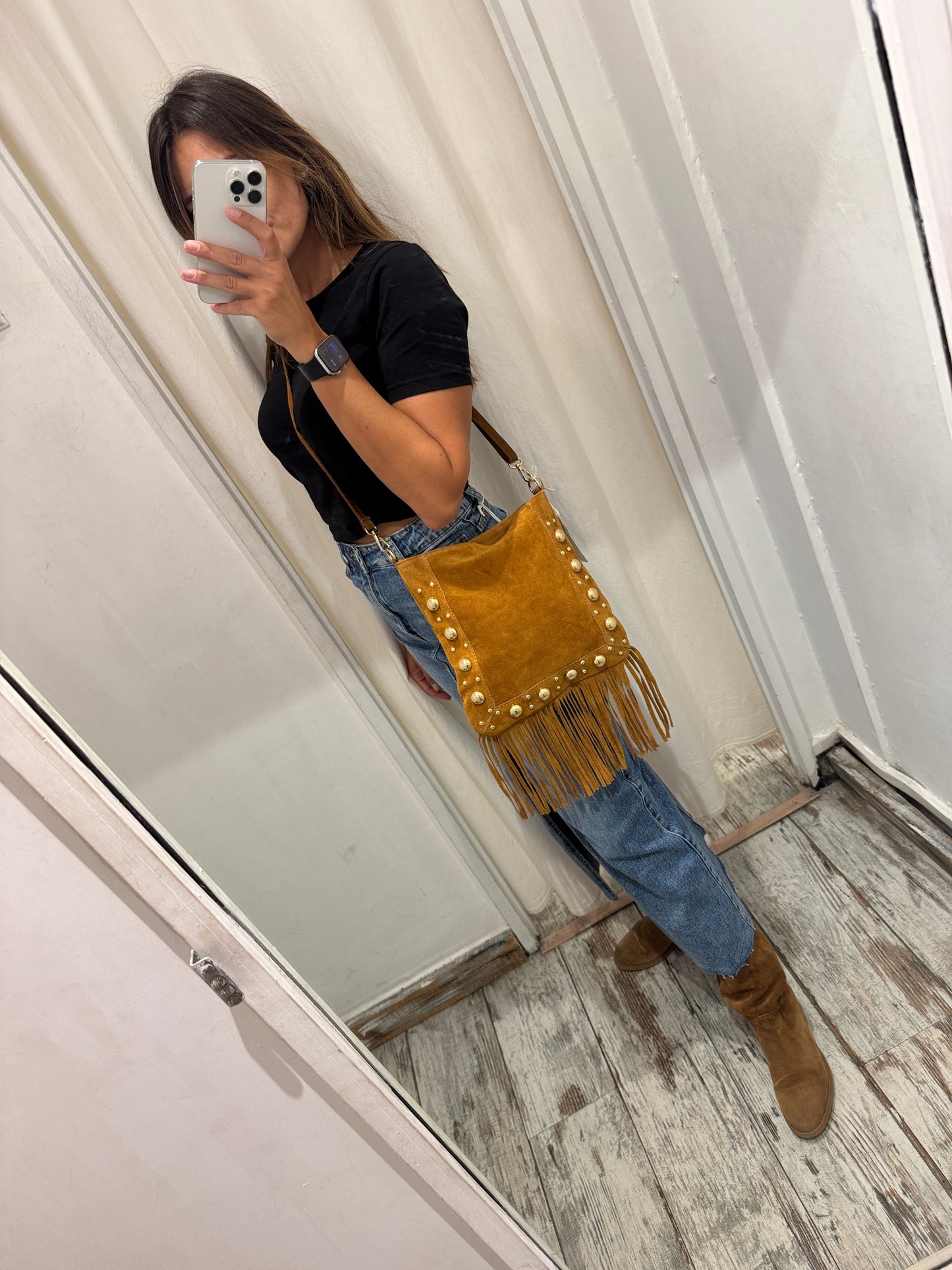 BORSA TRACOLLA SUEDE CUOIO BORCHIE E FRANGE