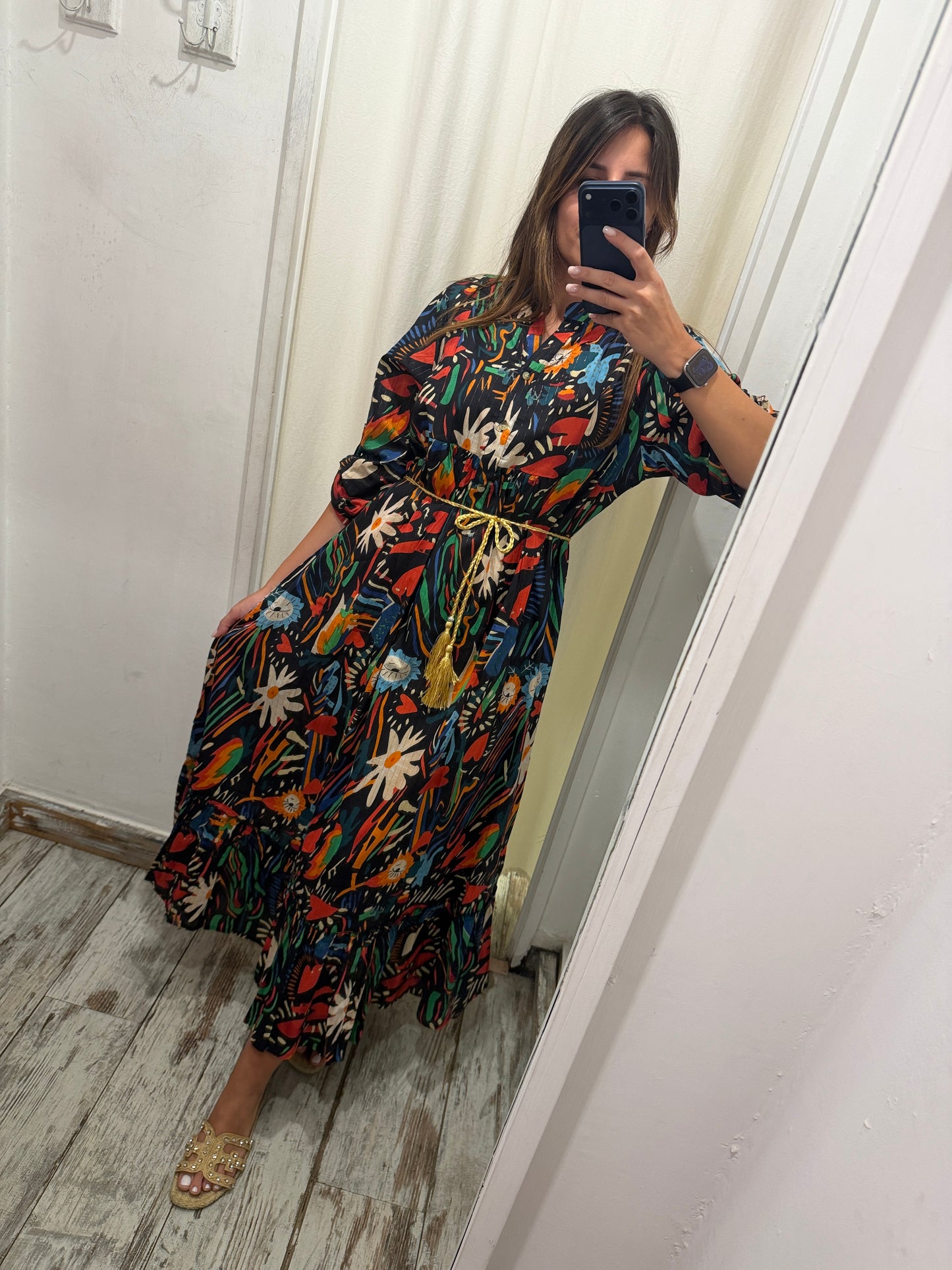 ABITO COTONE NERO MULTICOLORE