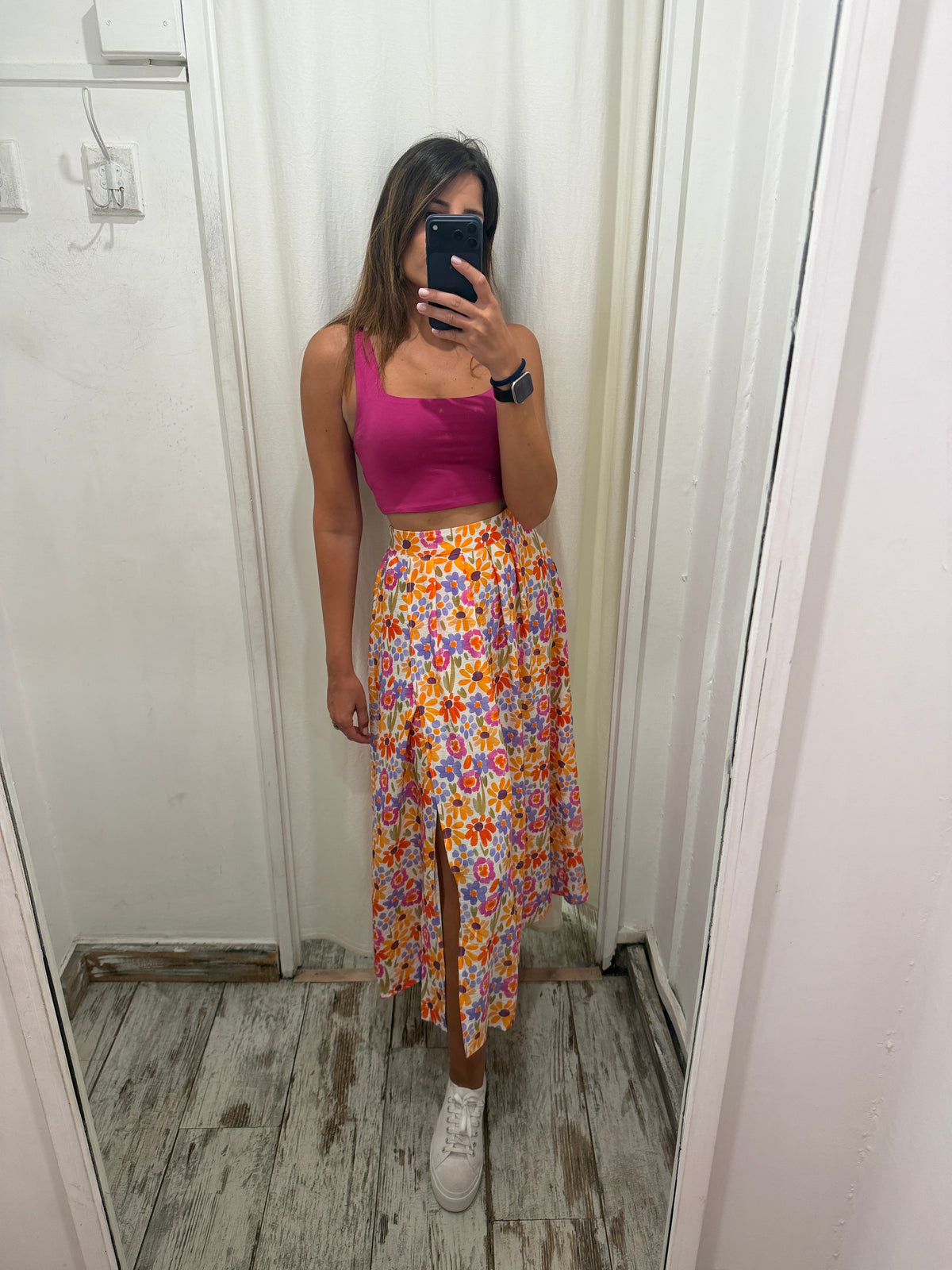 GONNA LONGUETTE BIANCA FIORI MULTICOLORE SPACCO