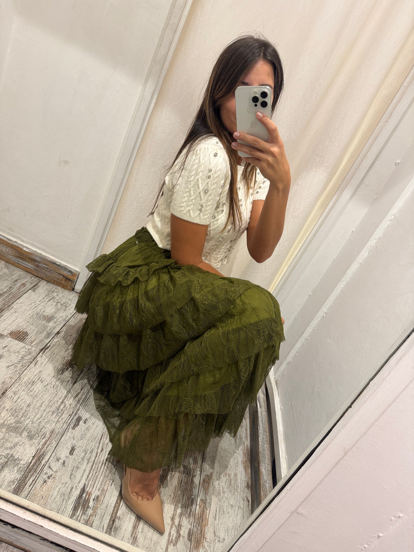 GONNA MIDÌ IN PIZZO CON BALZE VERDE MILITARE