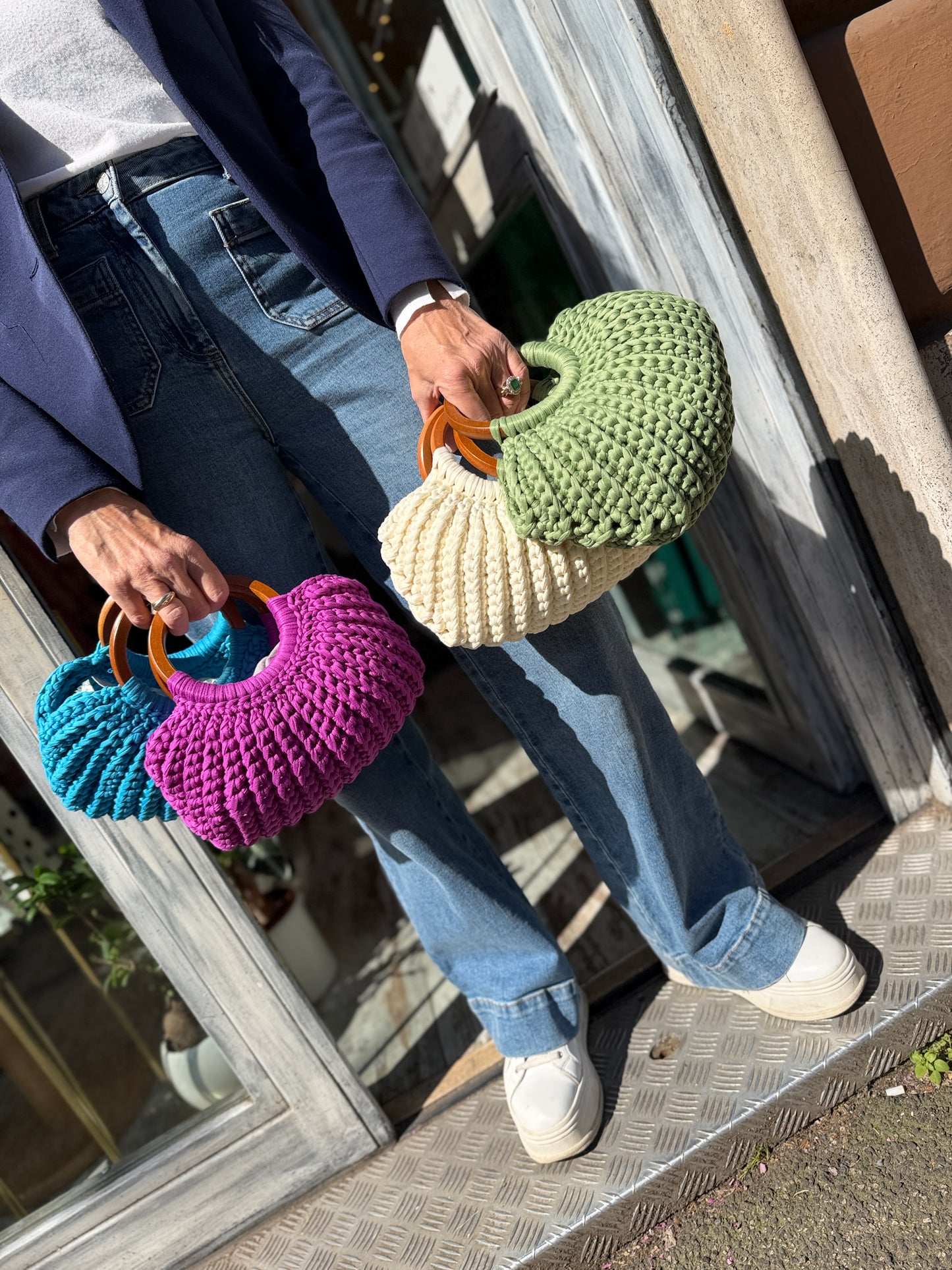 BORSA CROCHET TURCHESE MANICI LEGNO