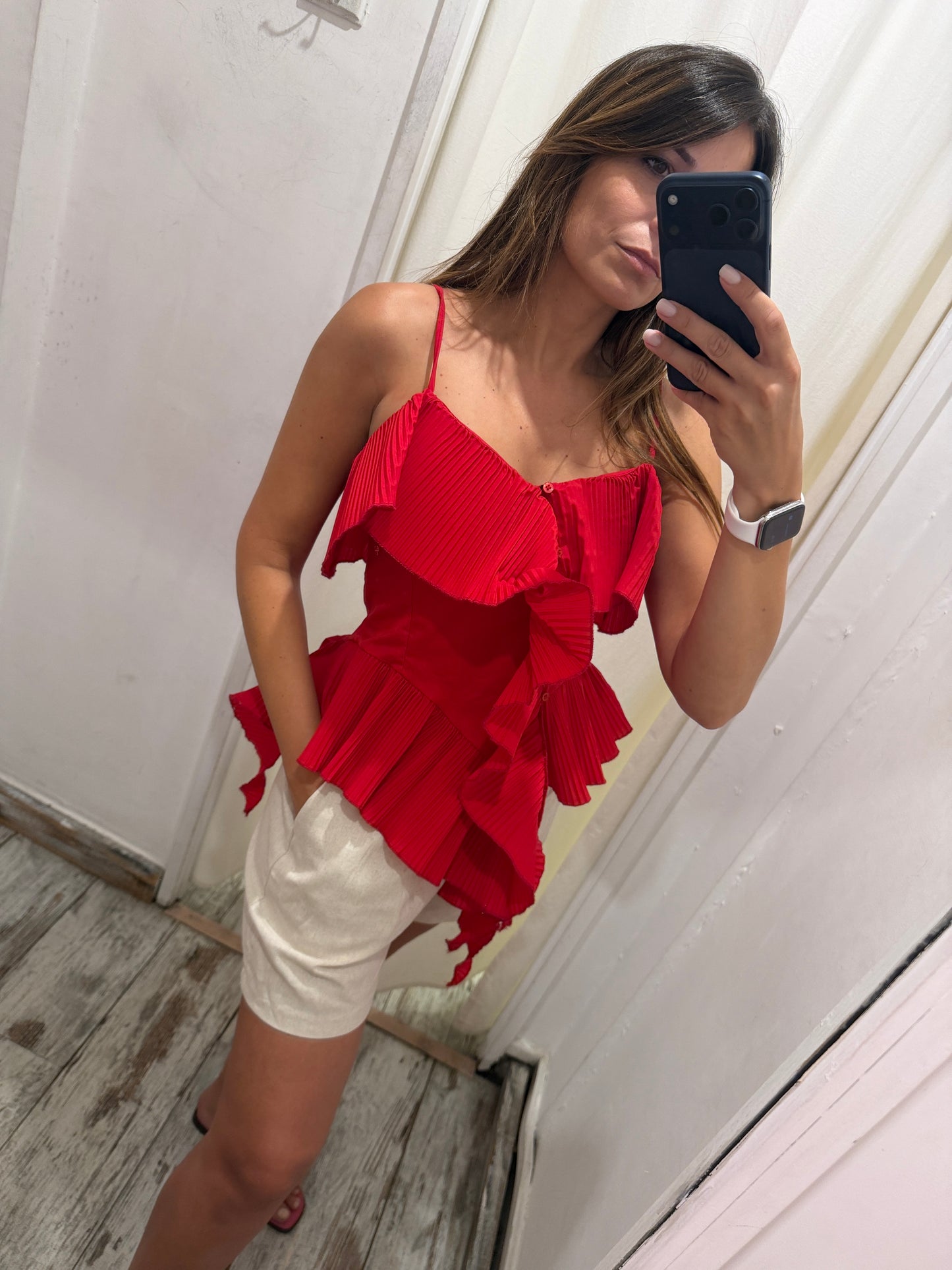 TOP ASIMMETRICO PLISSÈ ROSSO
