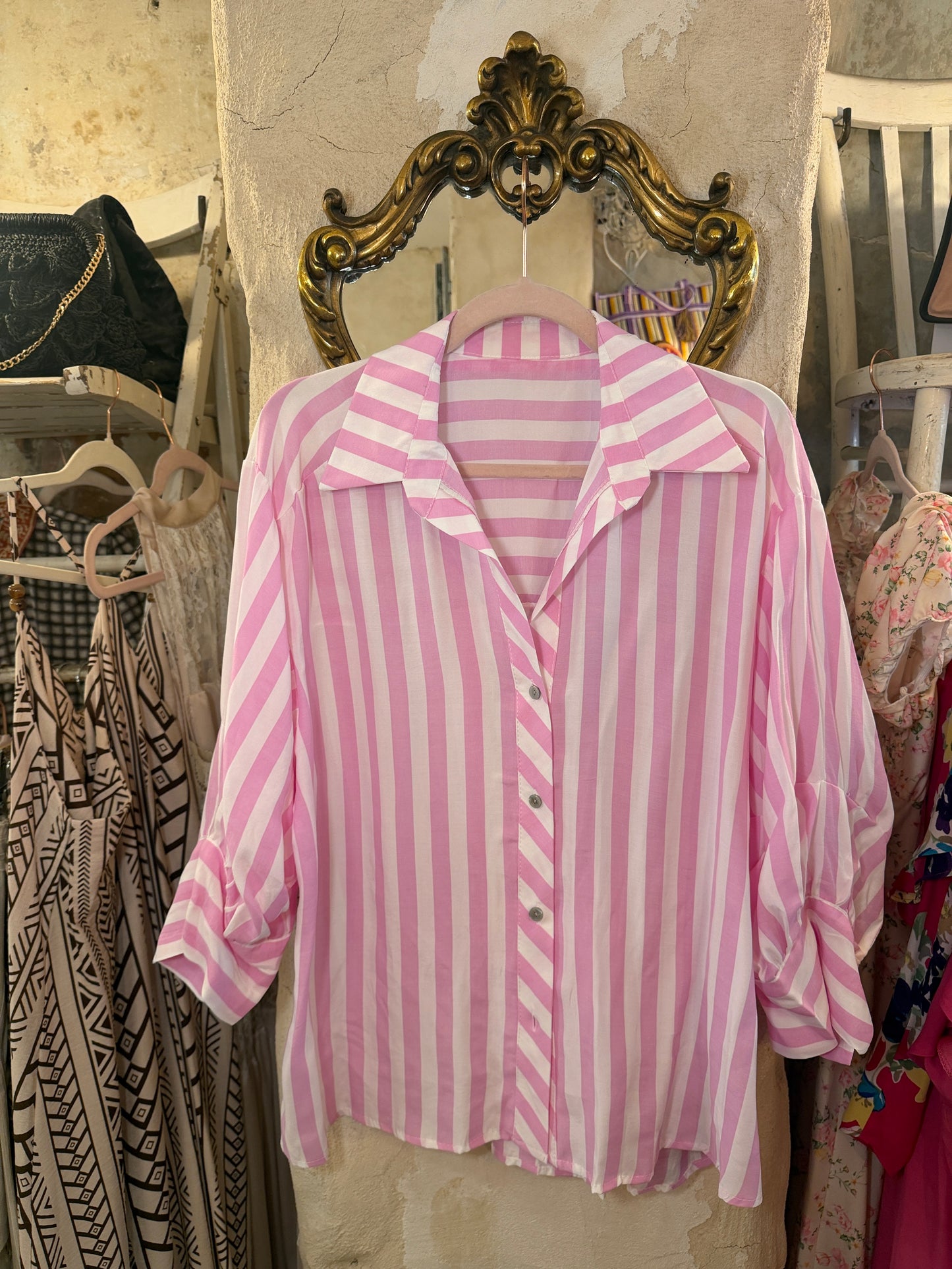 CAMICIA OVER RIGHE BIANCO E ROSA