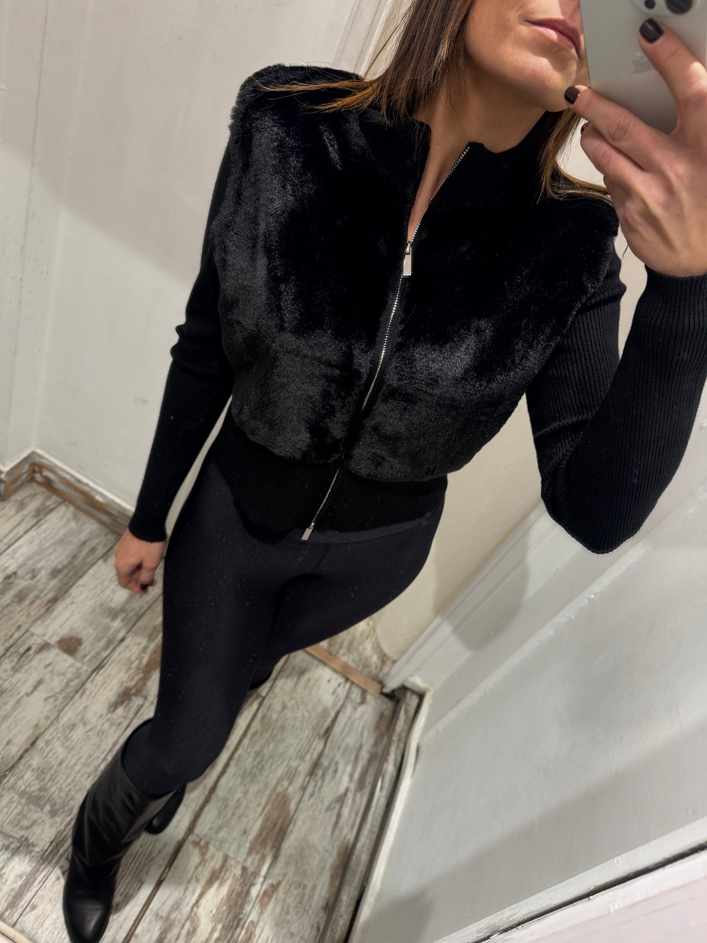 CARDIGAN ZIP ECOPELLICCIA NERO