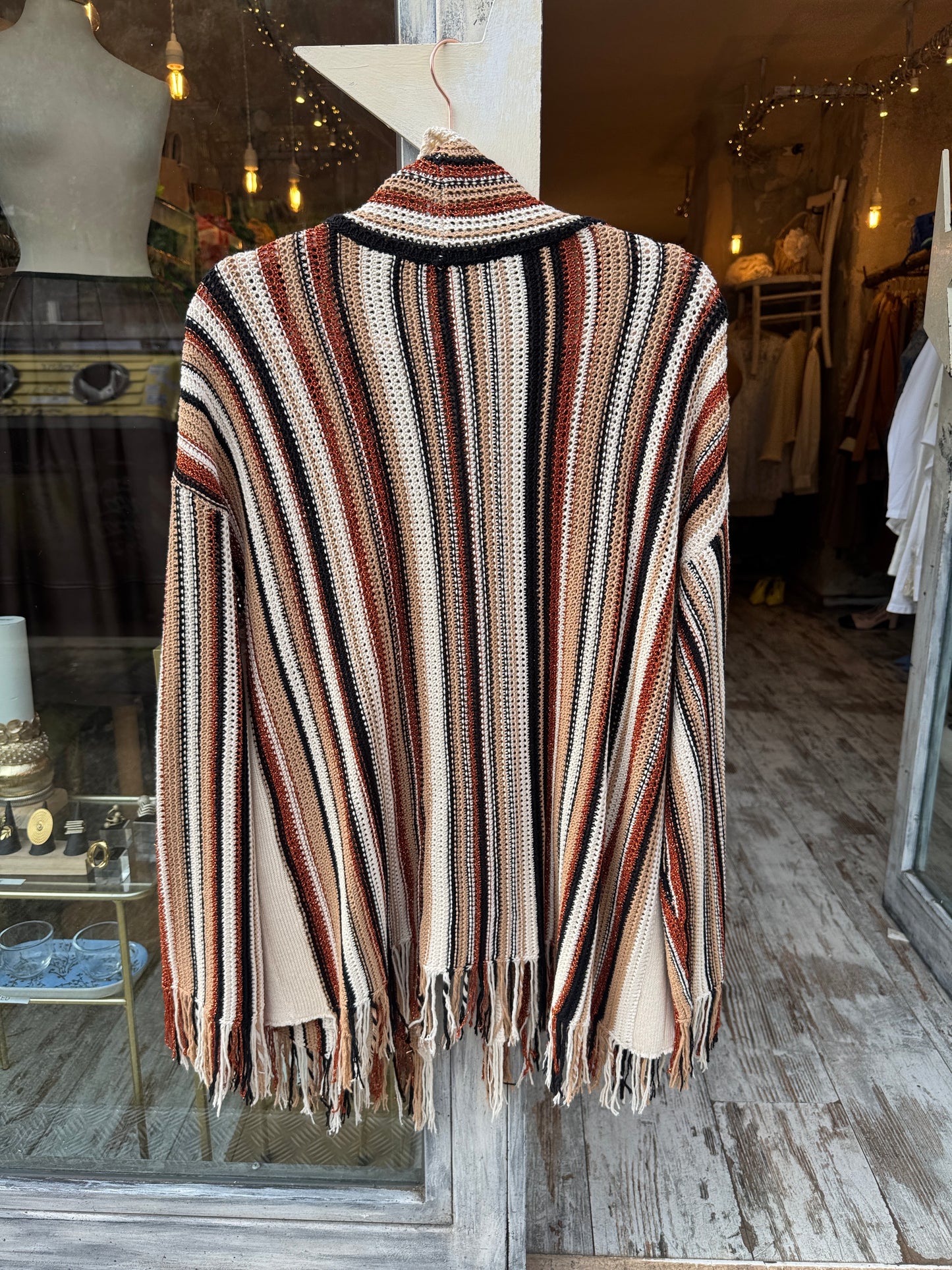 NEW COLLECTION - CARDIGAN KAOS RIGHE PANNA NERO E ARANCIO LUREX