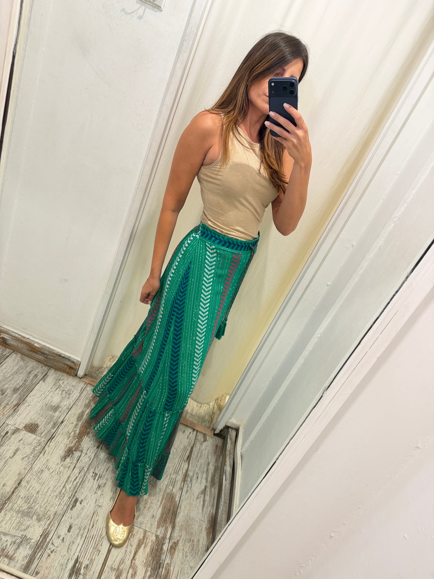 GONNA ETNICA VERDE SMERALDO CON PAILLETTES
