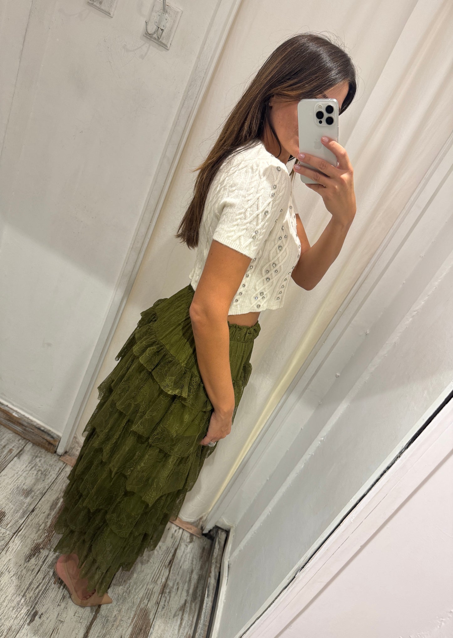 GONNA MIDÌ IN PIZZO CON BALZE VERDE MILITARE