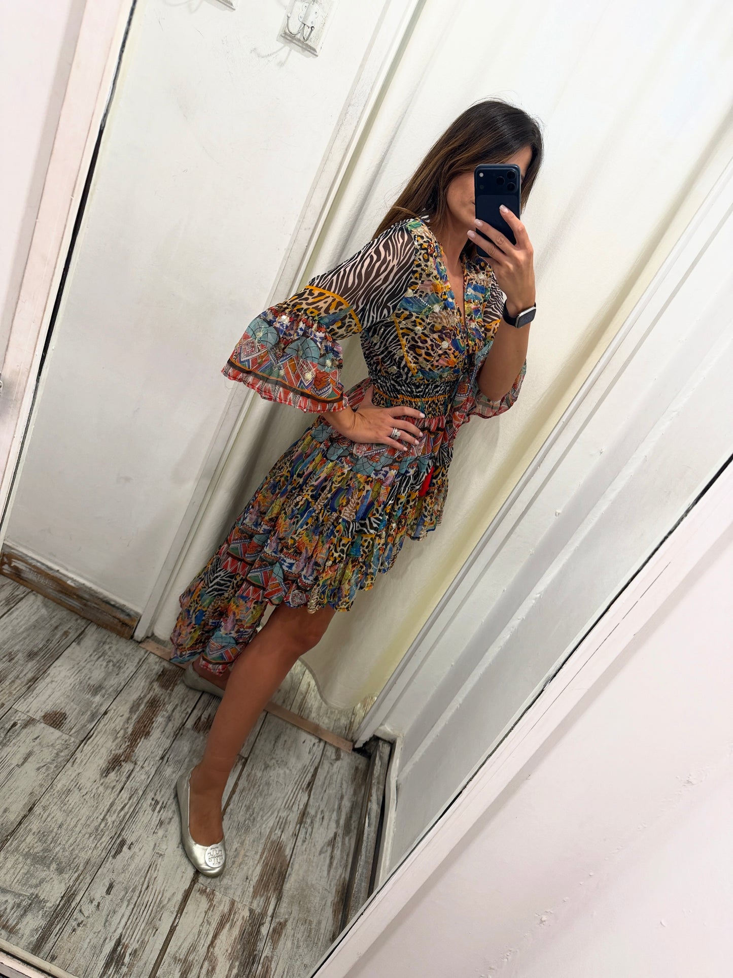 ABITO ANTICA SARTORIA ASIMMETRICO ANIMALIER MULTICOLORE