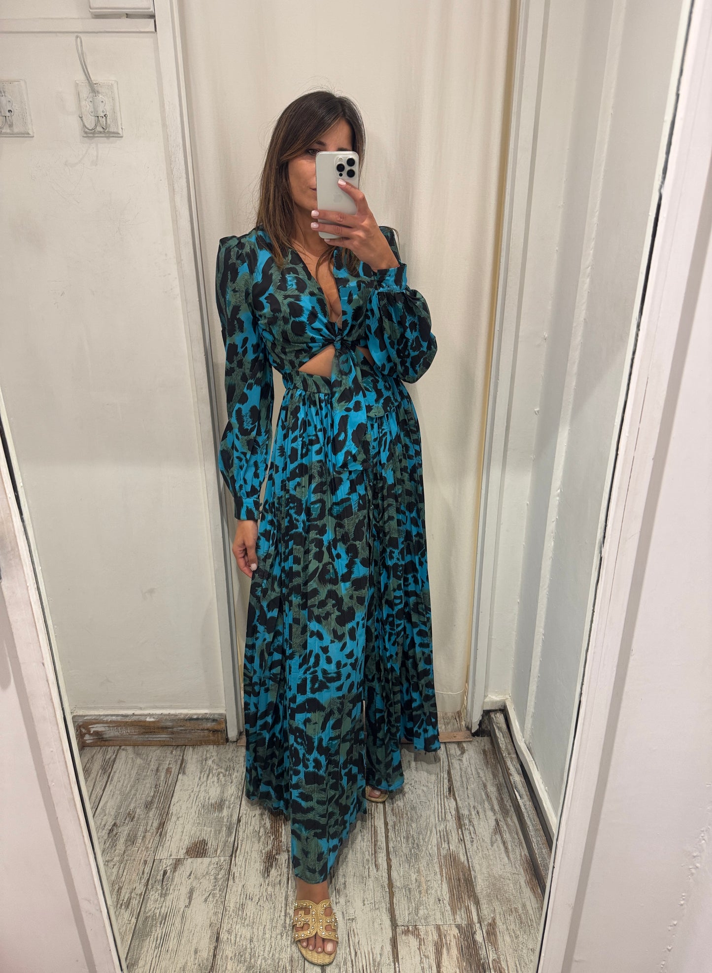 ABITO LUNGO CUT OUT ANIMALIER TURCHESE