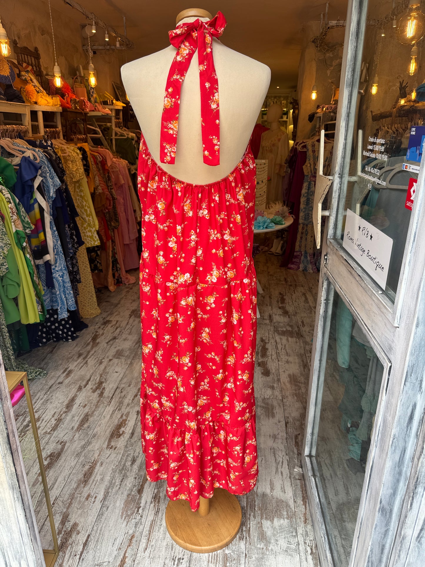 ABITO LUNGO ROSSO FLOREALE HALTER