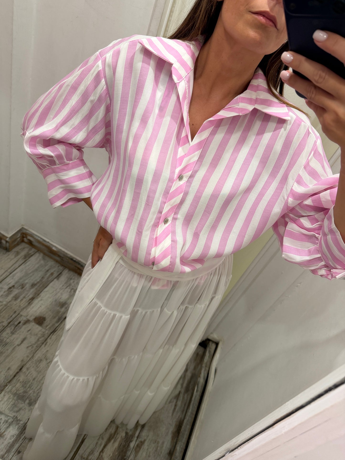 CAMICIA OVER RIGHE BIANCO E ROSA