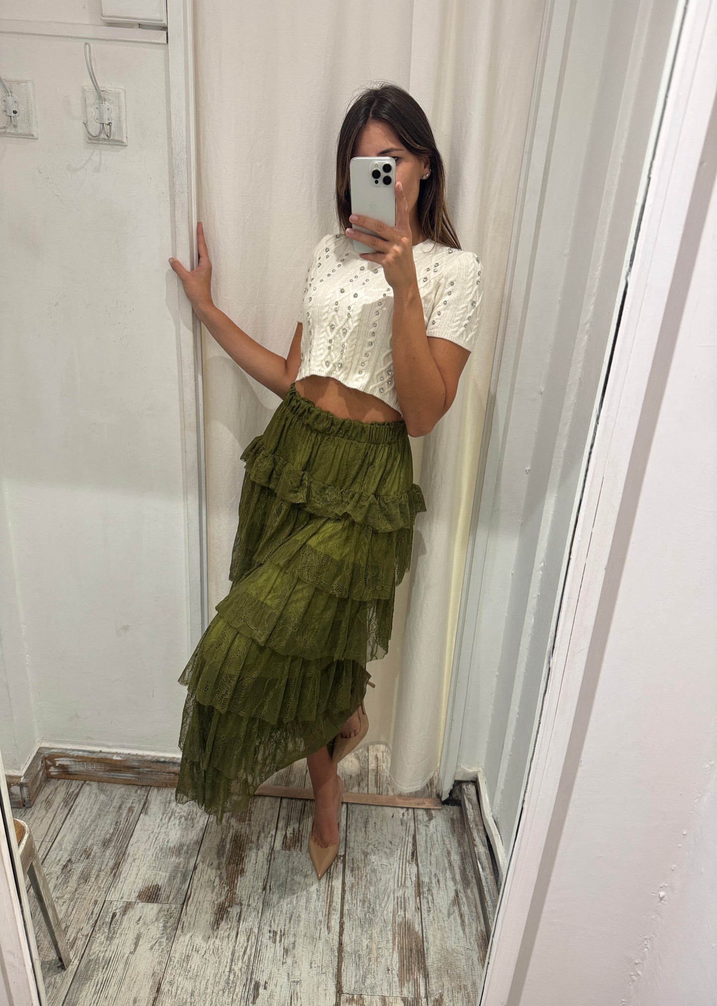 GONNA MIDÌ IN PIZZO CON BALZE VERDE MILITARE