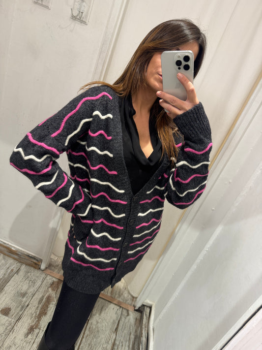CARDIGAN SUOLI ANTRACITE RIGHE FUCSIA E PANNA