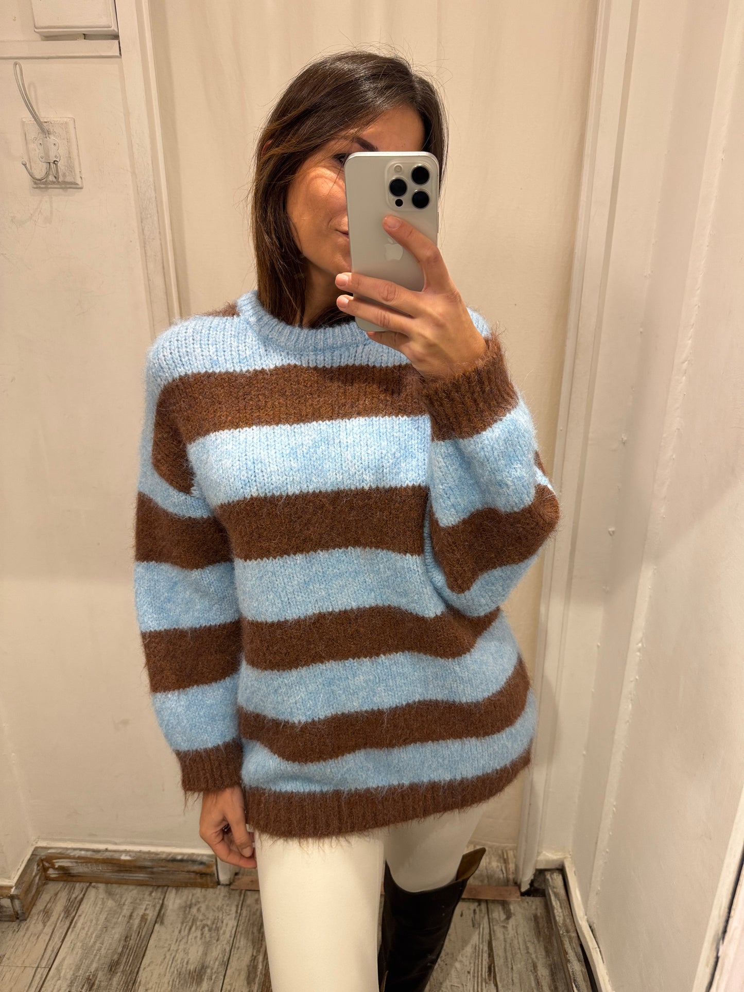 MAGLIA LUNGA A RIGHE CELESTE E MARRONE