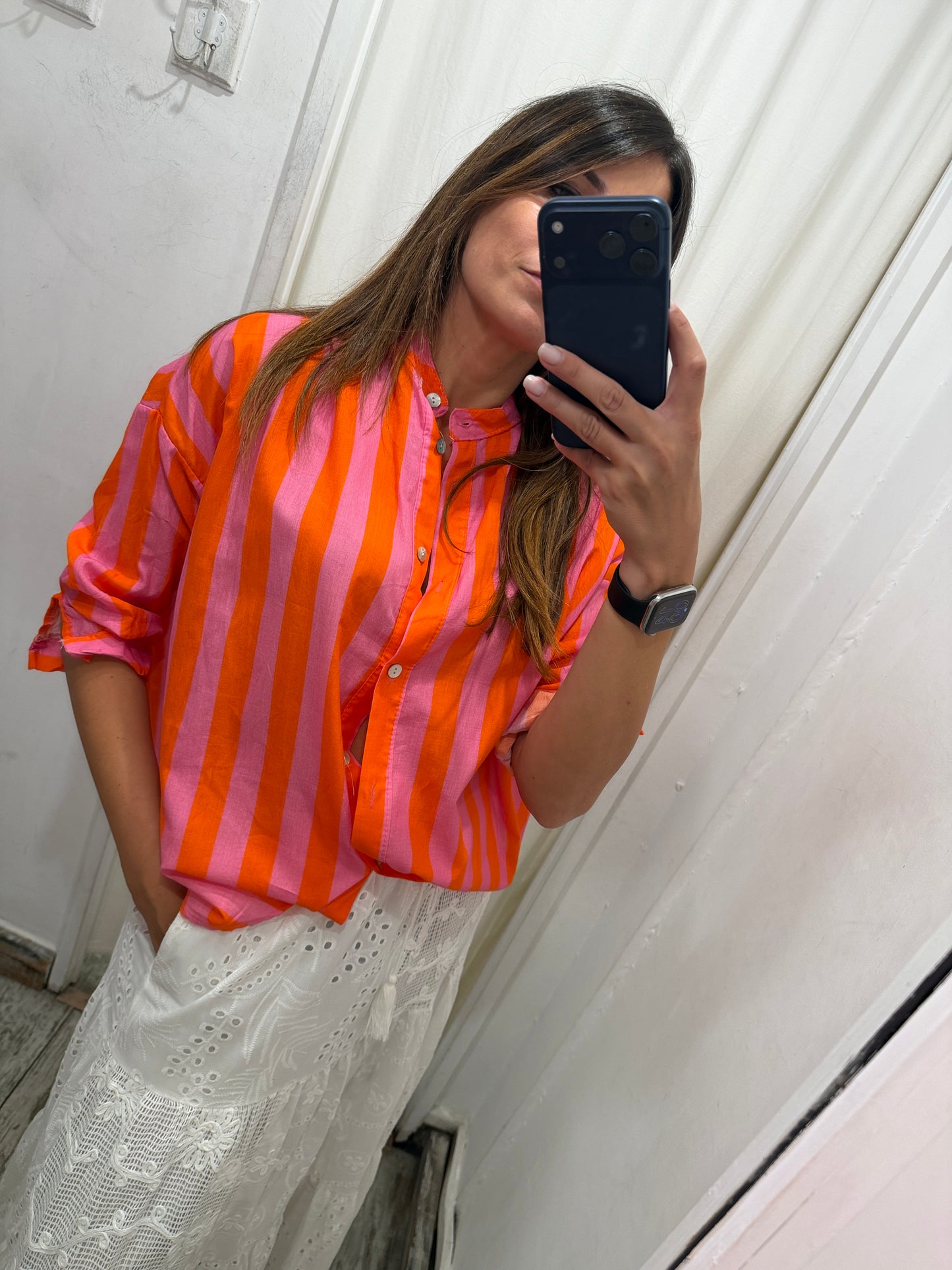 CAMICIA RIGHE ROSA E ARANCIO