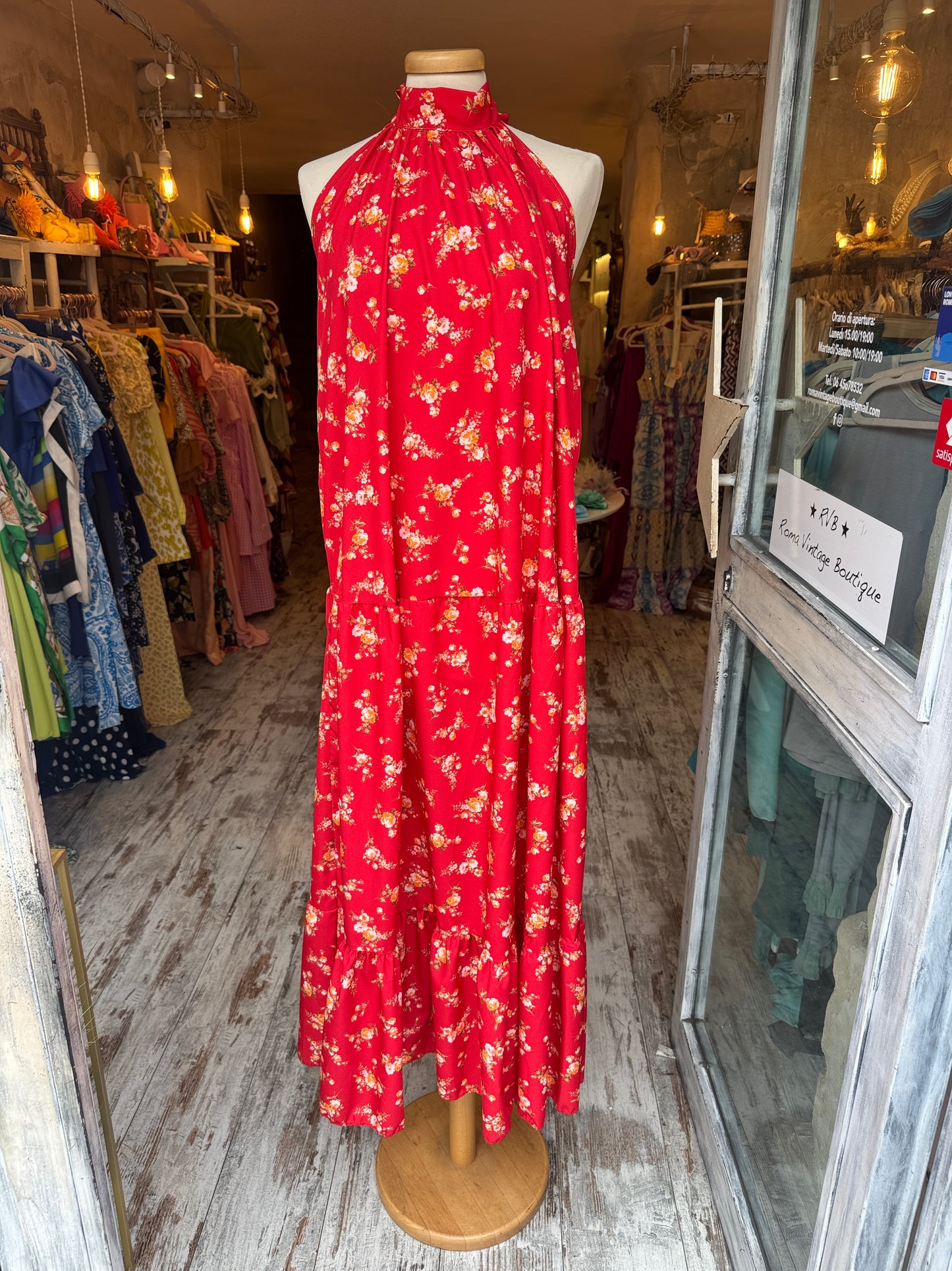ABITO LUNGO ROSSO FLOREALE HALTER