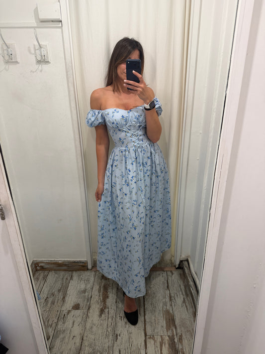 NEW COLLECTION - ABITO MIDI CELESTE FIORELLINI AZZURRI
