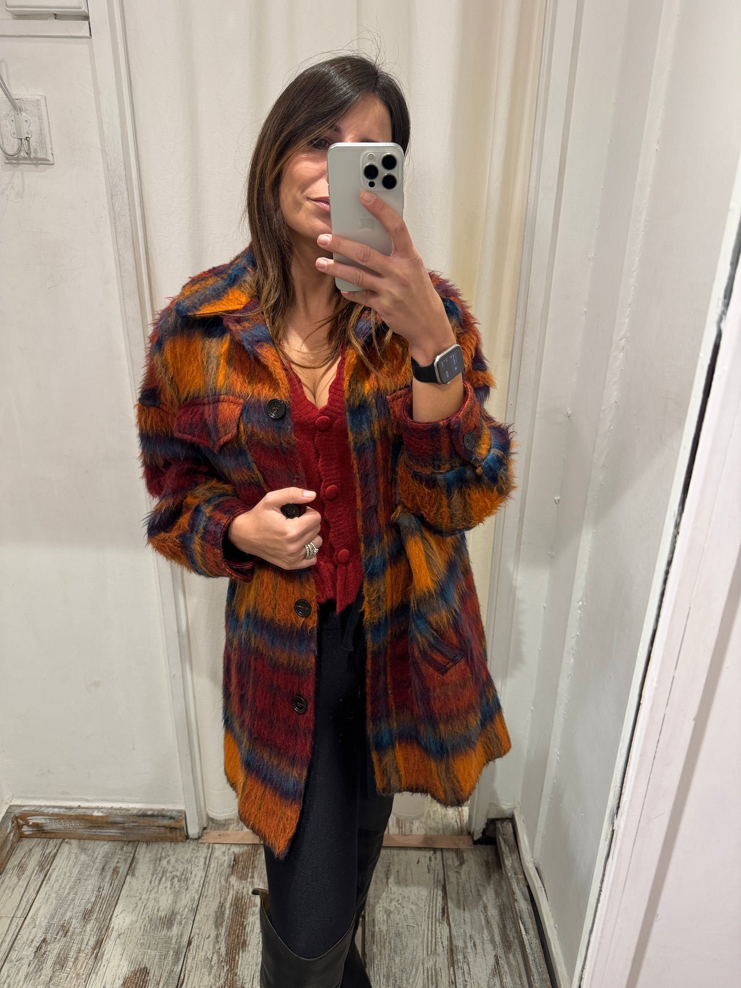 GIACCA CAMICIA ATTIC&BARN CHECK ARANCIO E BORDEAUX