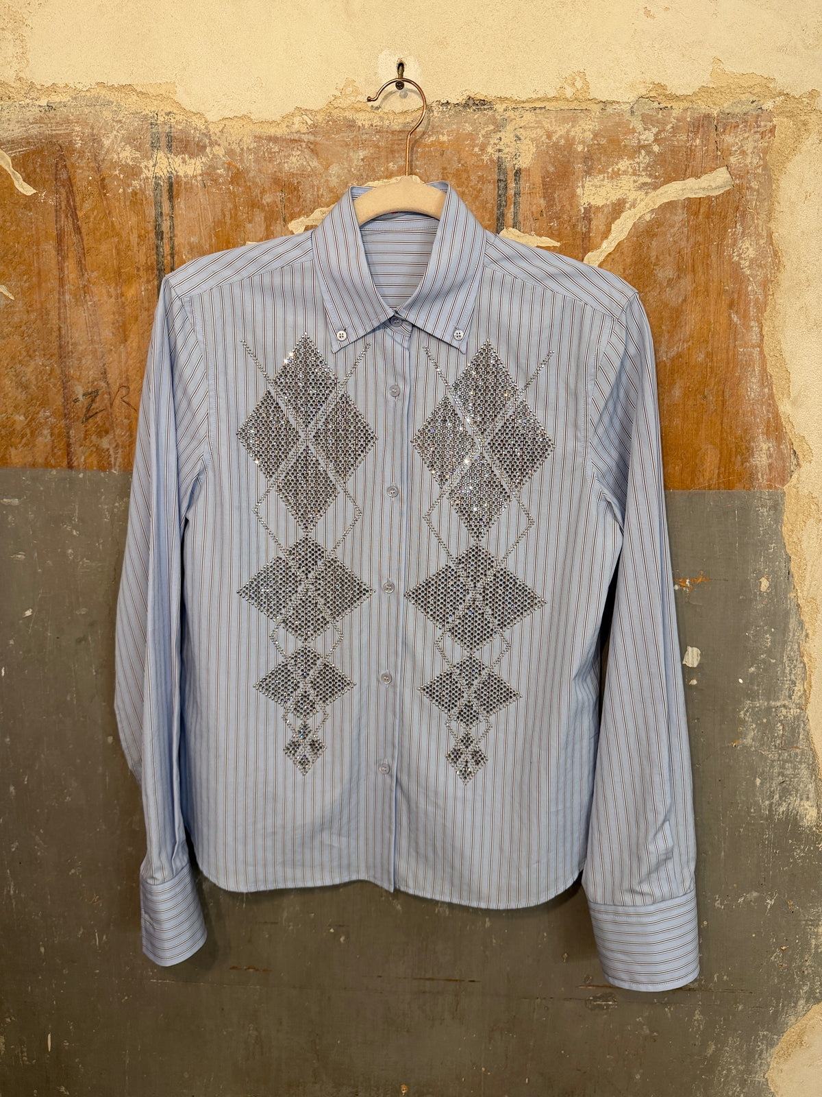 CAMICIA ERMANNO SCERVINO CELESTE RIGHINE CON STRASS