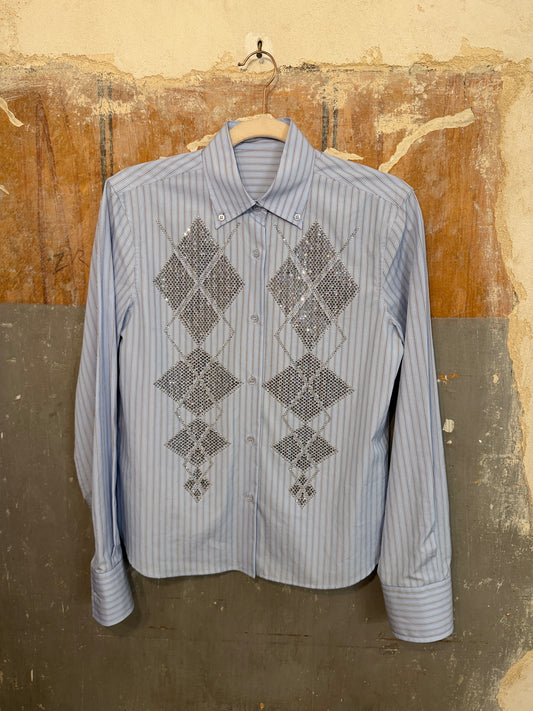 CAMICIA ERMANNO SCERVINO CELESTE RIGHINE CON STRASS