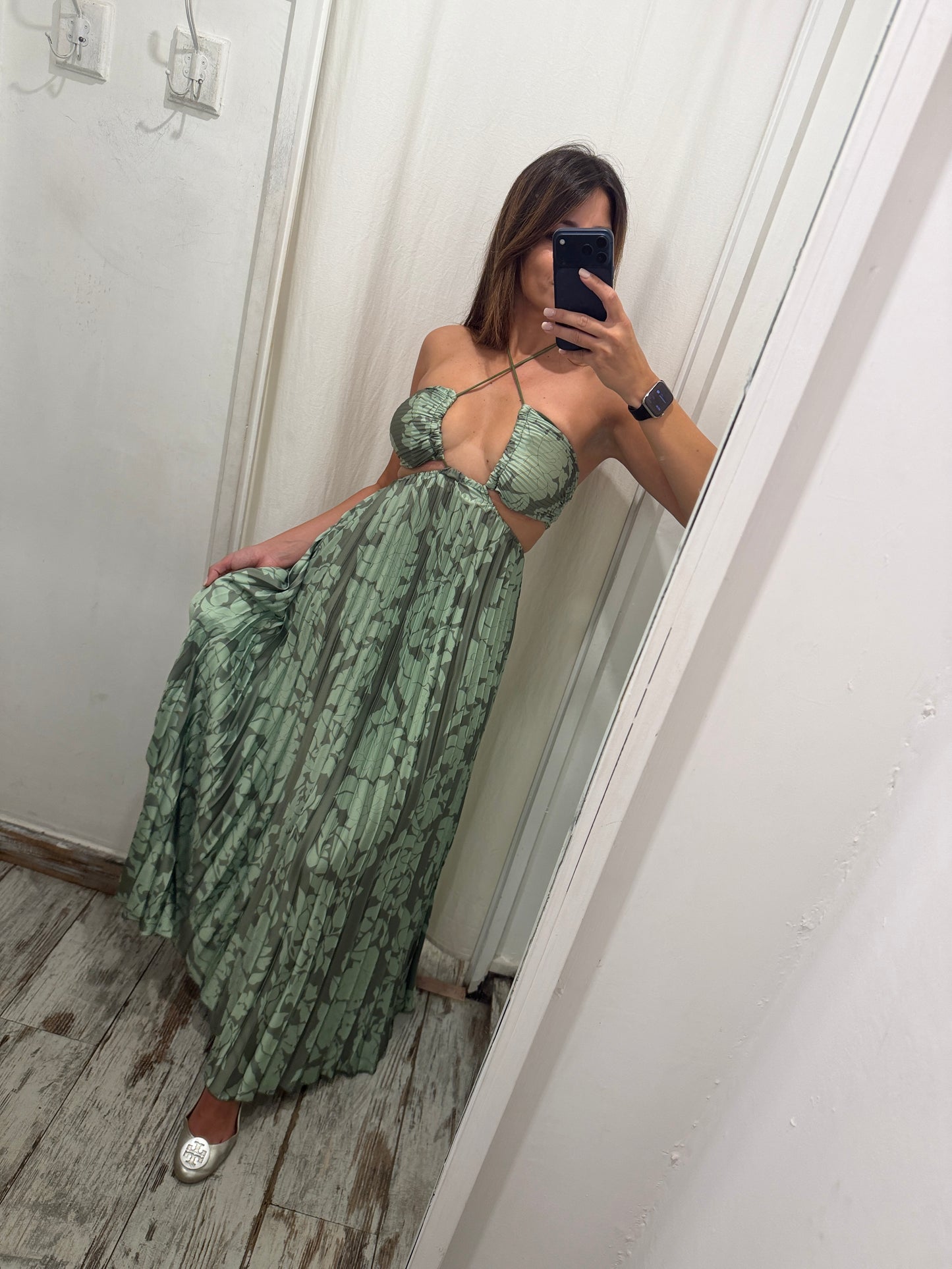 ABITO CUT OUT VERDE MILITARE PLISSÈ